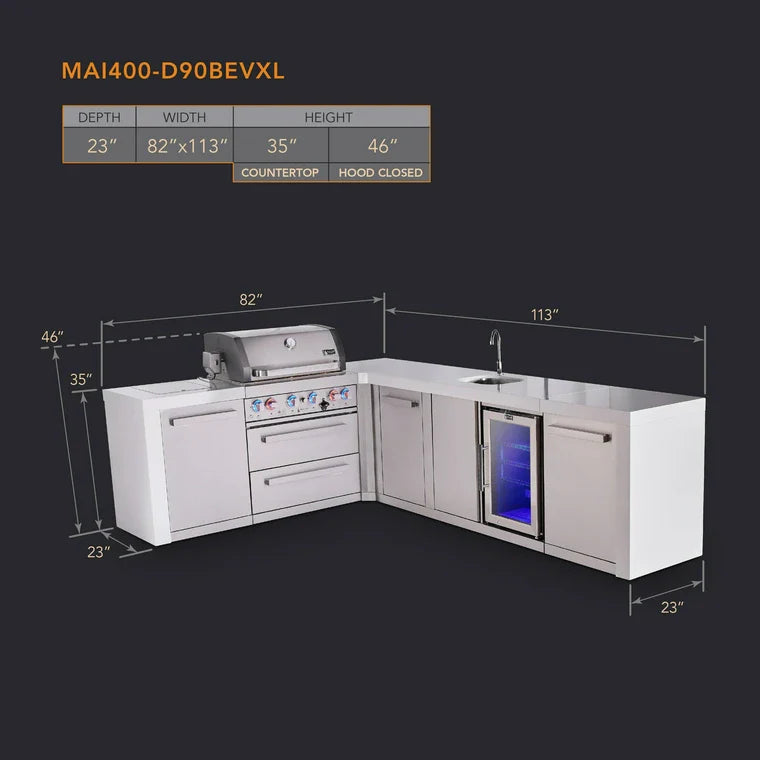 Mont Alpi 400 Deluxe BBQ Grill Island with L-Shape, Beverage Center & Extra Storage - MAi400-D90BEVXL
