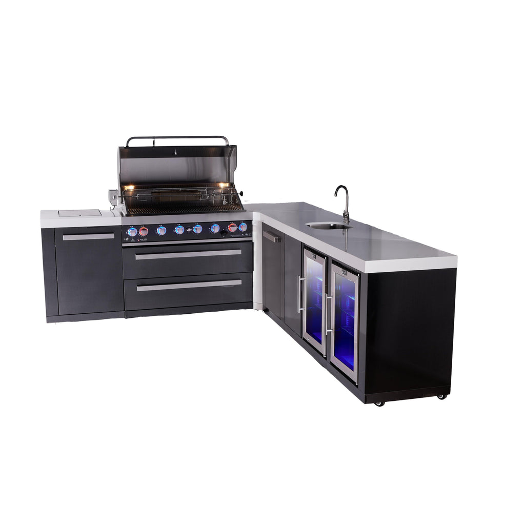 Mont Alpi 805 Black Stainless Steel BBQ Grill Island with L-Shape, Beverage Center, Extra Storage & Fridge - MAi805-BSS90BEVFCXL
