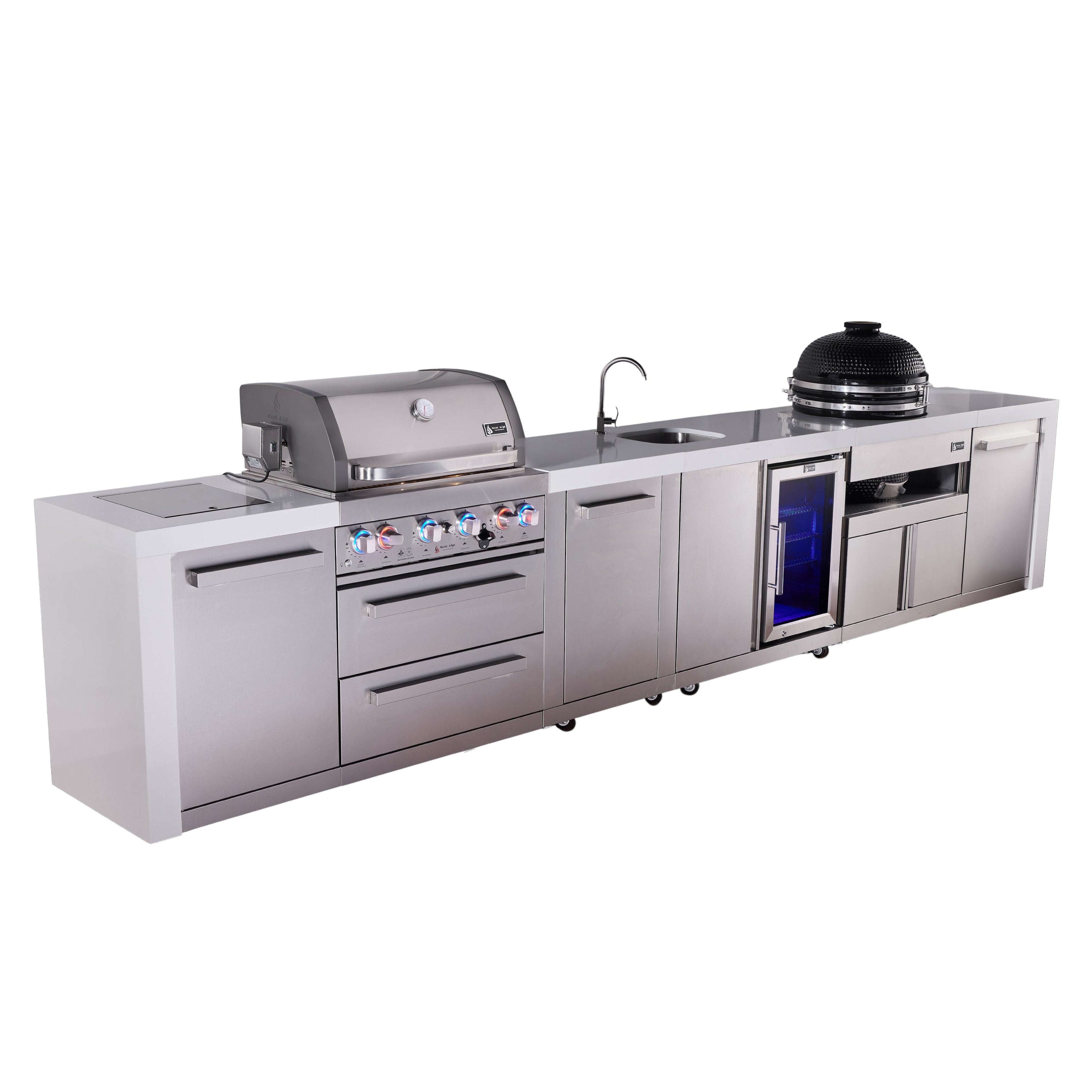 Mont Alpi 400 Deluxe BBQ Grill Island with Beverage Center, Kamado Module & Extra Storage - MAi400-DBEVKAMXL