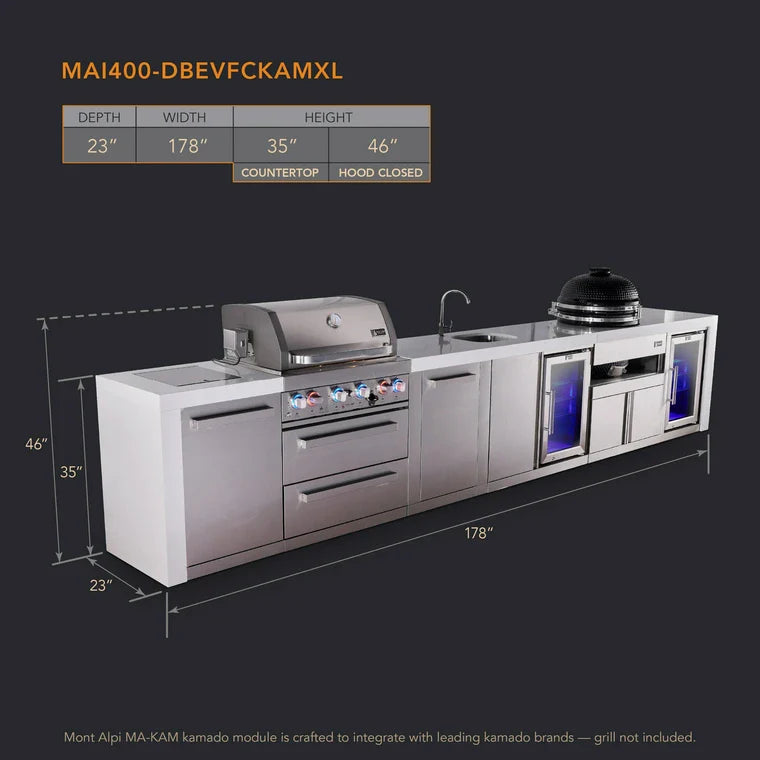 Mont Alpi 400 Deluxe BBQ Grill Island with Beverage Center, Kamado Module, Extra Storage & Fridge - MAi400-DBEVFCKAMXL