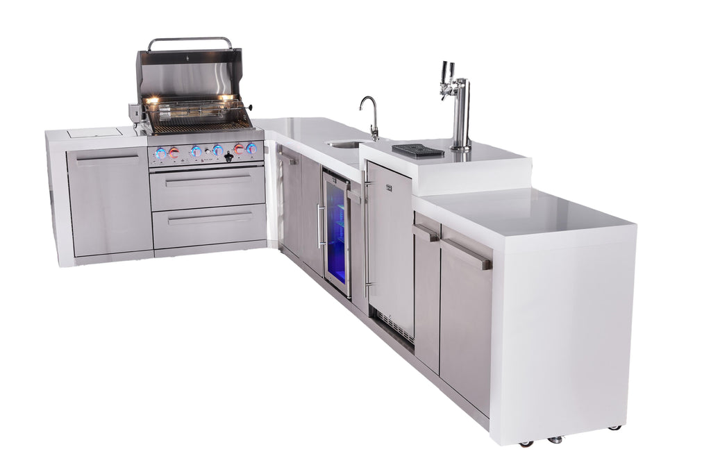 Mont Alpi 400 Deluxe BBQ Grill Island with L-Shape, Beverage Center, Kegerator & Extra Storage - MAi400-D90KEGBEVXL