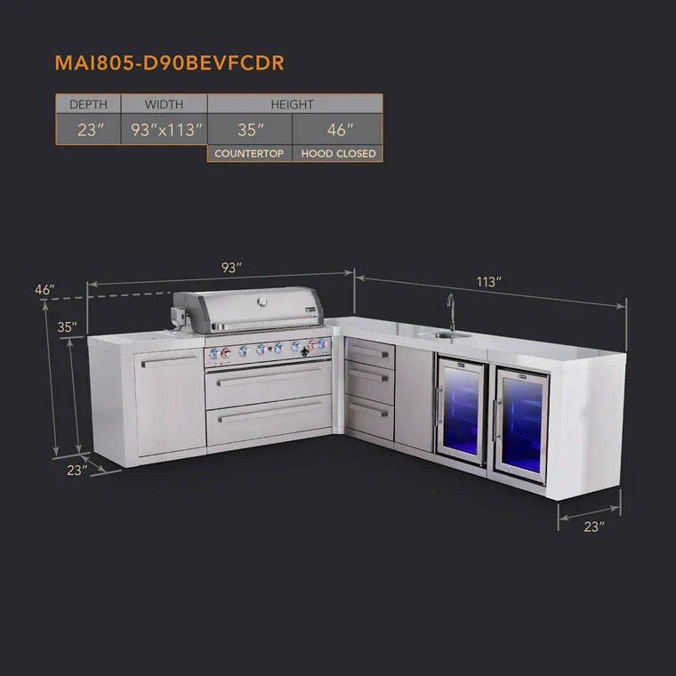 Mont Alpi 805 Deluxe BBQ Grill Island with L-Shape, Beverage Center, Extra Drawer Storage & Fridge - MAi805-D90BEVFCDR