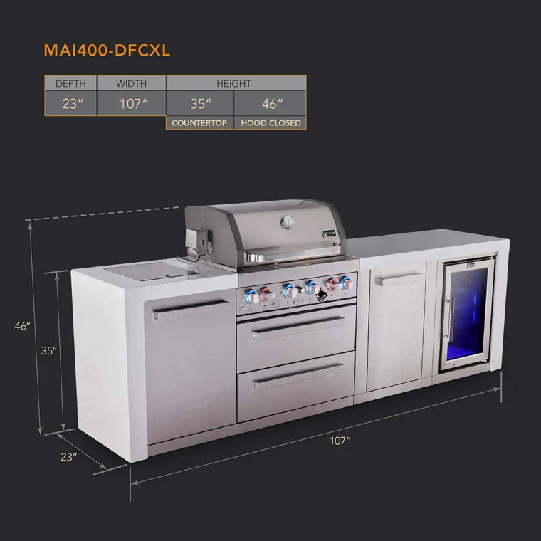 Mont Alpi 400 Deluxe BBQ Grill Island with Extra Storage & Fridge - MAi400-DFCXL