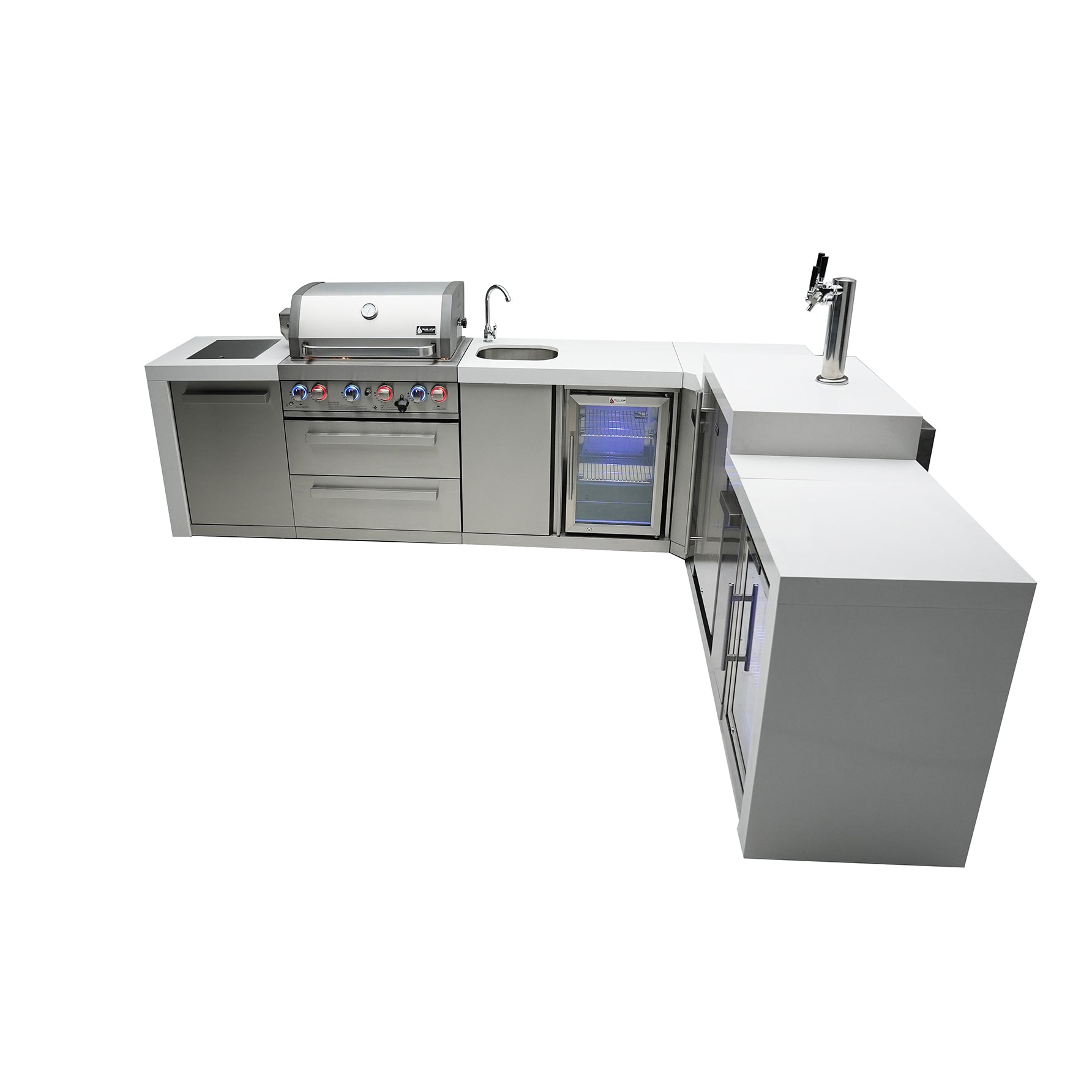 Mont Alpi 400 Deluxe BBQ Grill Island with L-Shape, Kegerator, Beverage Center & Fridge Cabinet - MAi400-D90KEGBEVFC