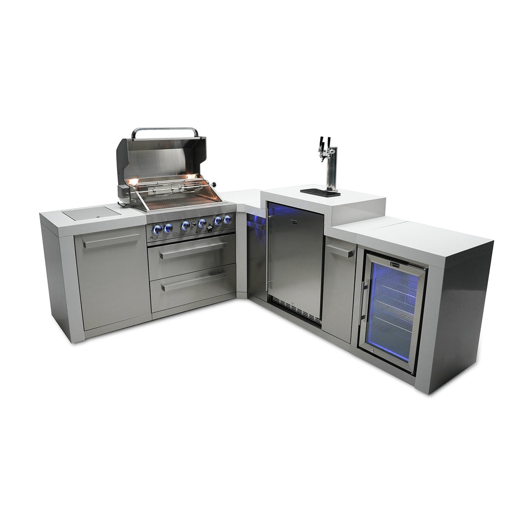 Mont Alpi 400 Deluxe BBQ Grill Island with L-Shape, Kegerator & Fridge Cabinet - MAi400-D90KEGFC