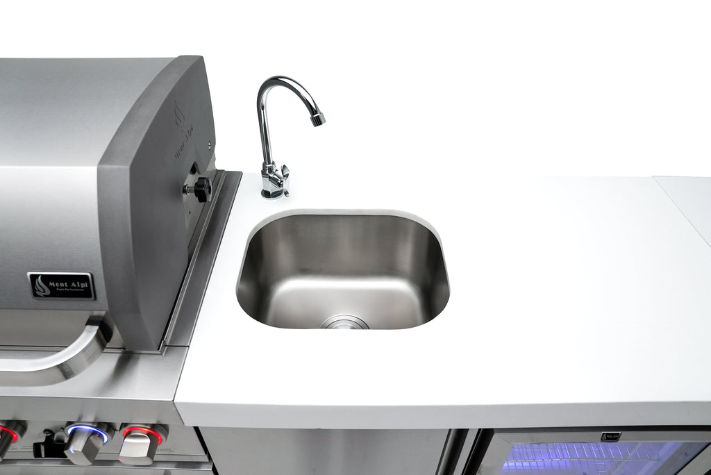 Mont Alpi 805 Deluxe BBQ Grill Island with L-Shape, Beverage Center, Kegerator, Kamado Module, Extra Drawer Storage & Fridge - MAi805-D90KEGBEVFCKAMDR