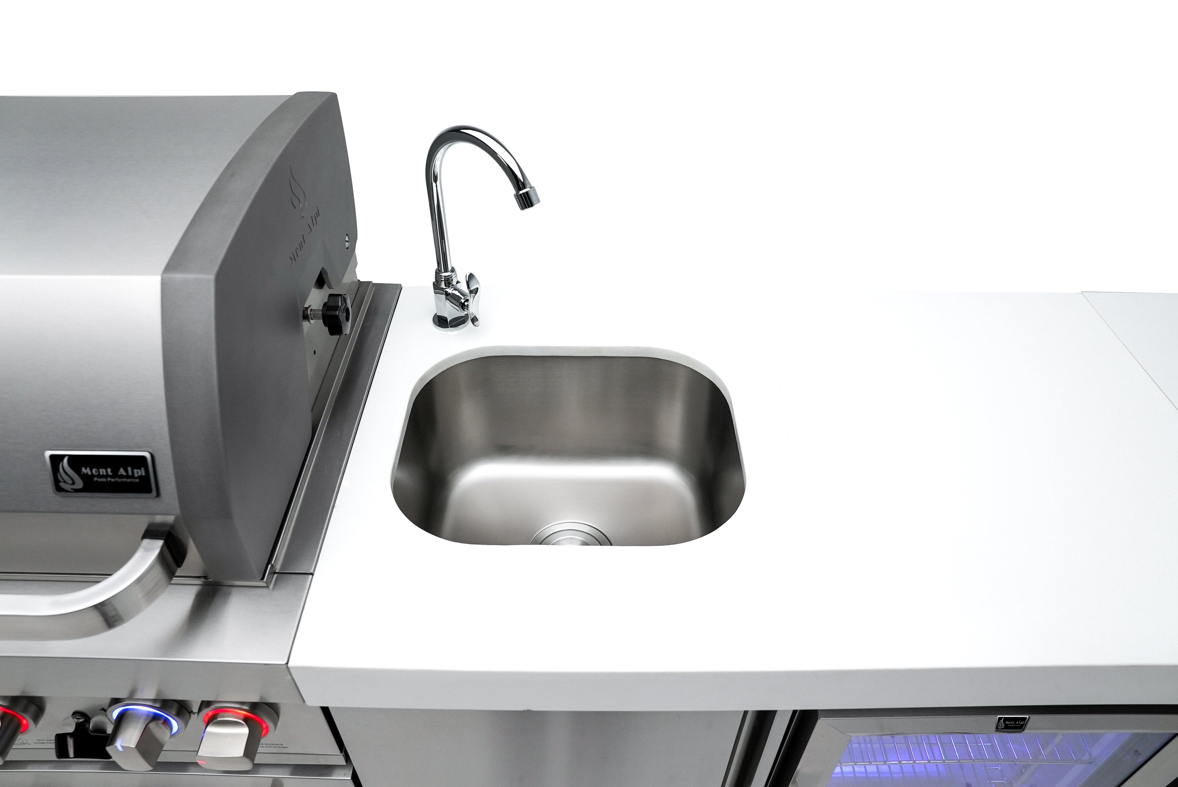 Mont Alpi 805 Deluxe BBQ Grill Island with L-Shape, Beverage Center, Kegerator, Kamado Module, Extra Drawer Storage & Fridge - MAi805-D90KEGBEVFCKAMDR