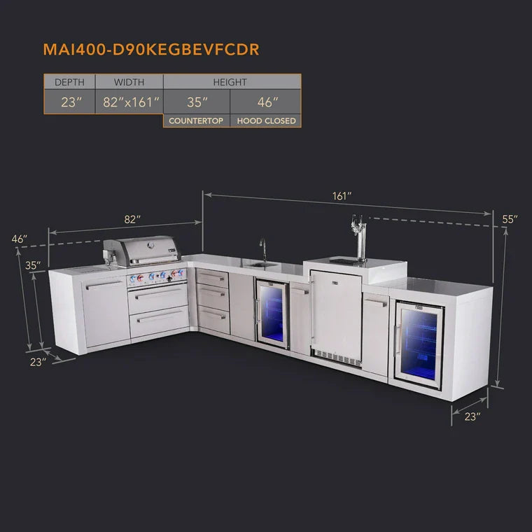 Mont Alpi 400 Deluxe BBQ Grill Island with L-Shape, Beverage Center, Kegerator, Extra Drawer Storage & Fridge - MAi400-D90KEGBEVFCDR