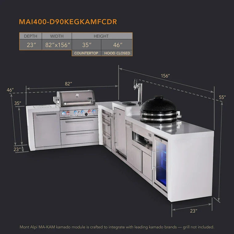 Mont Alpi 400 Deluxe BBQ Grill Island with L-Shape, Kegerator, Kamado Module, Extra Drawer Storage & Fridge - MAi400-D90KEGFCKAMDR