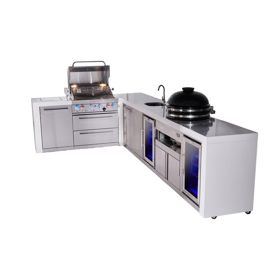 Mont Alpi 400 Deluxe BBQ Grill Island with L-Shape, Beverage Center, Kamado Module, Extra Storage & Fridge - MAi400-D90BEVFCKAMXL