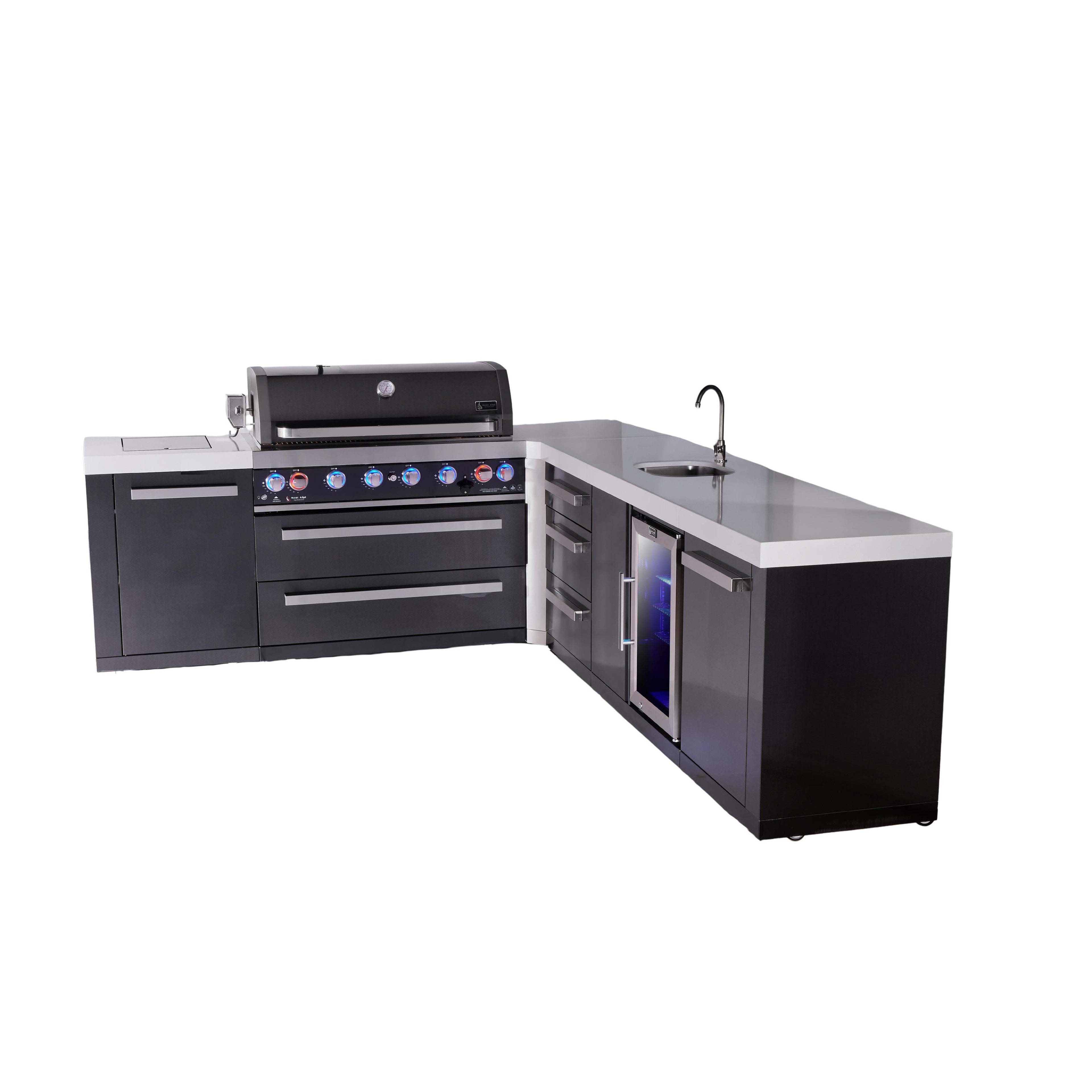 Mont Alpi 805 Black Stainless Steel BBQ Grill Island with L-Shape, Beverage Center & Extra Drawer Storage - MAi805-BSS90BEVDR (PREORDER - Est. Ship Date Dec 15)