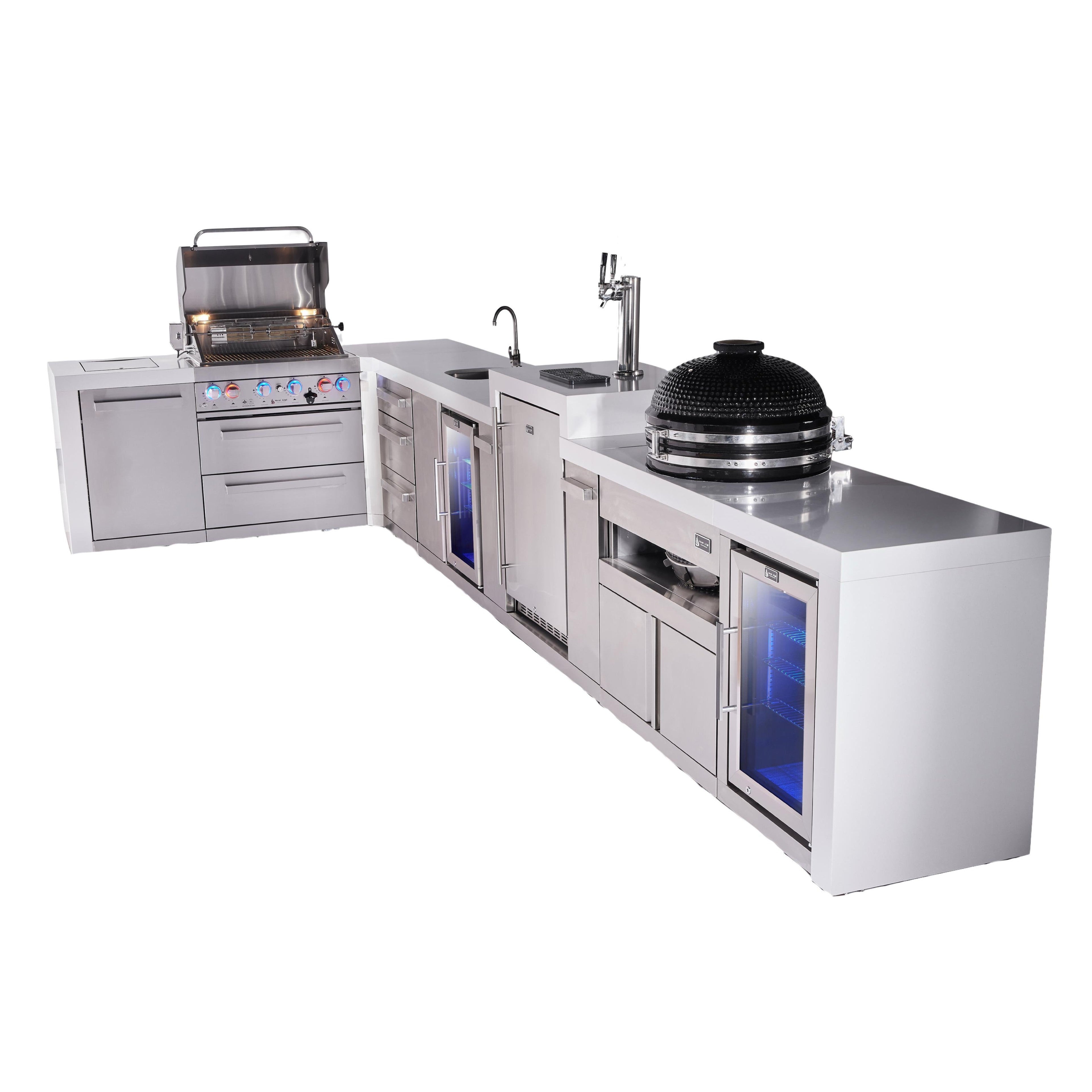 Mont Alpi 400 Deluxe BBQ Grill Island with L-Shape, Beverage Center, Kegerator, Kamado Module, Extra Drawer Storage & Fridge - MAi400-D90KEGBEVFCKAMDR