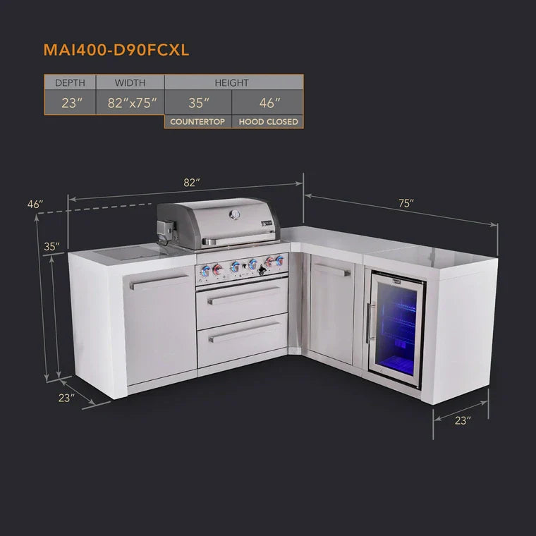 Mont Alpi 805 Deluxe BBQ Grill Island with L-Shape, Extra Drawer Storage & Fridge - MAi805-D90FCDR