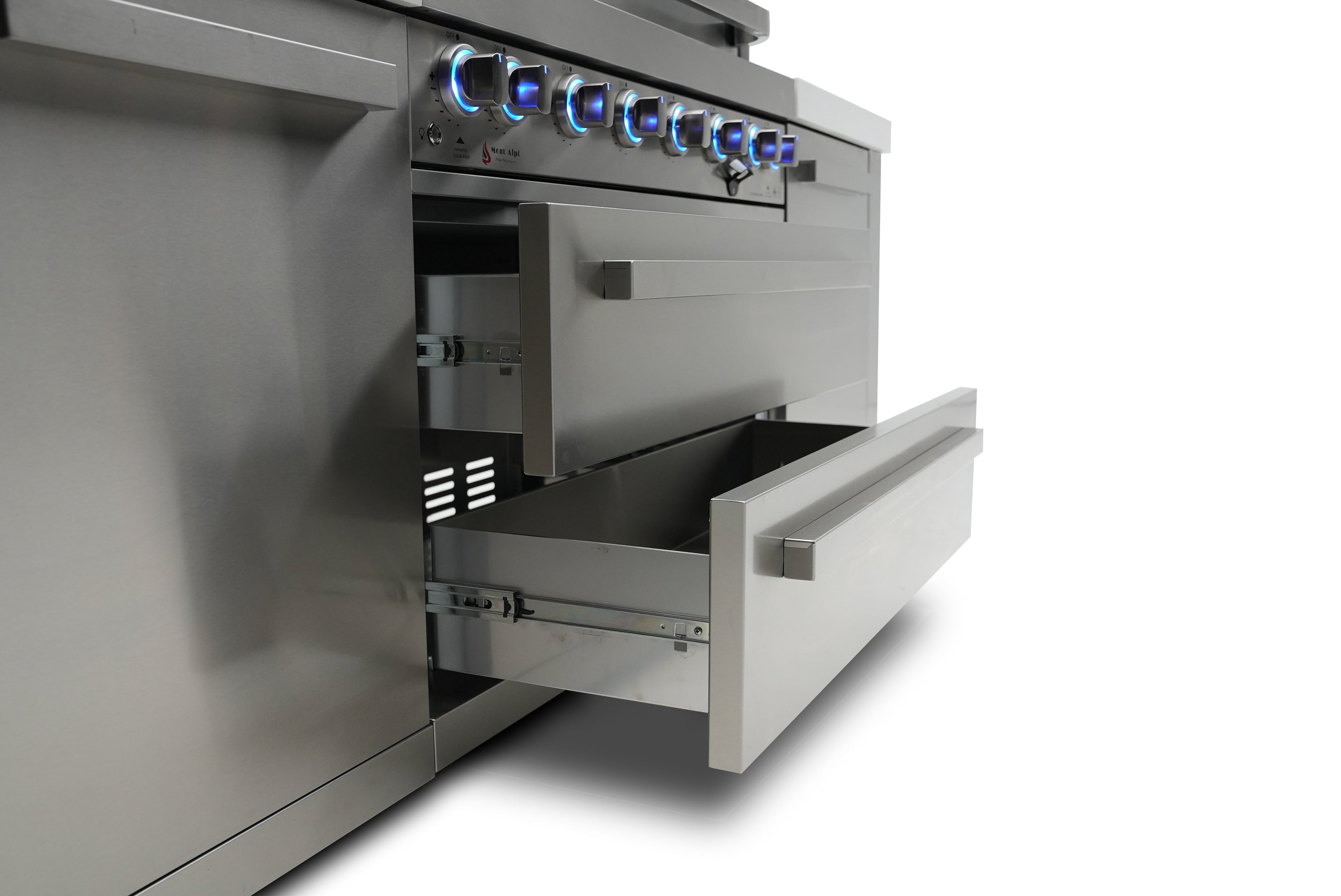 Mont Alpi 400 Deluxe BBQ Grill Island with L-Shape, Beverage Center, Kegerator & Extra Storage - MAi400-DKEGBEVXL