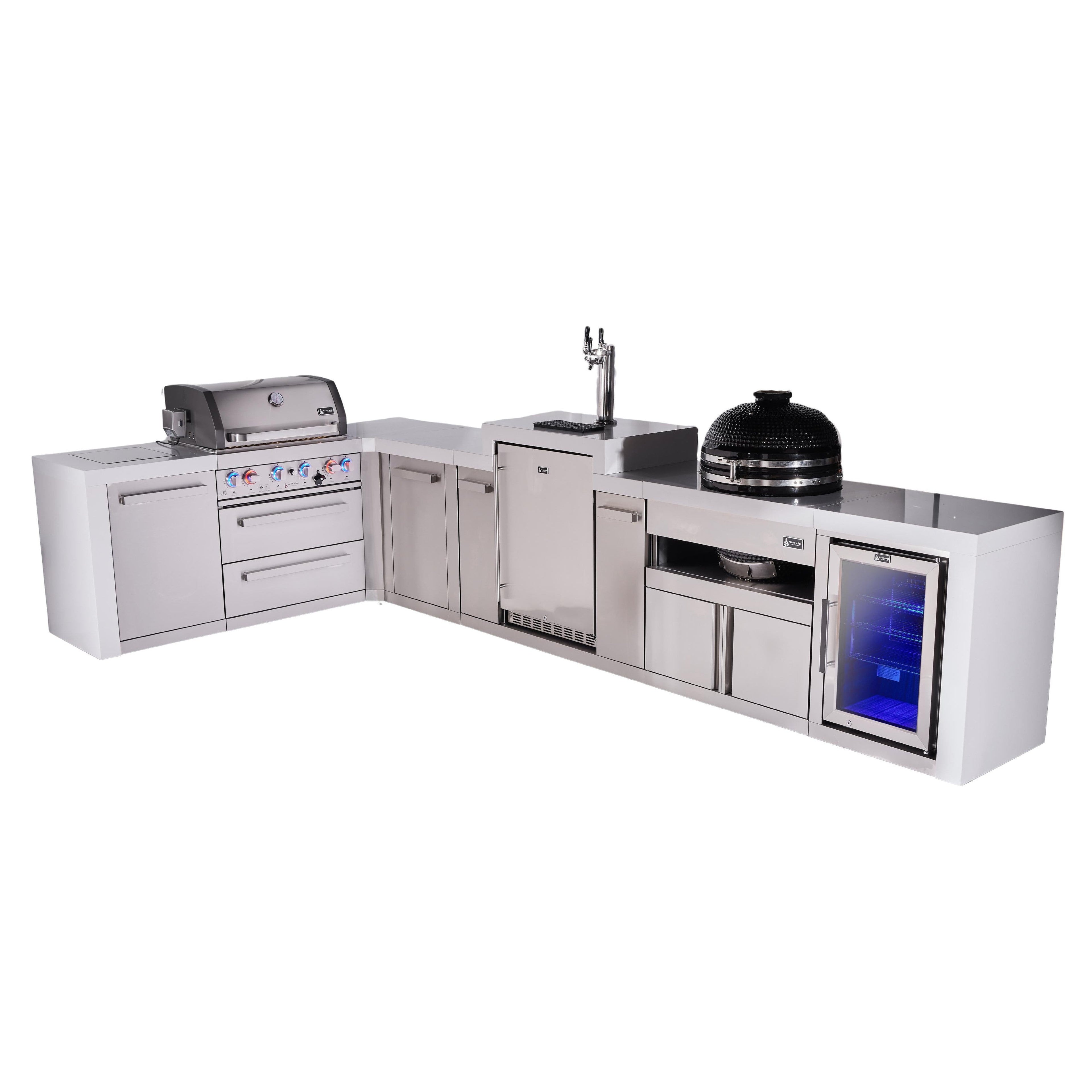 Mont Alpi 400 Deluxe BBQ Grill Island with L-Shape, Kegerator, Kamado Module, Extra Storage & Fridge - MAi400-D90KEGFCKAMXL