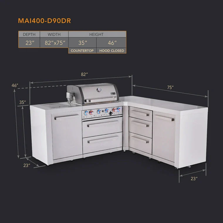 Mont Alpi 400 Deluxe BBQ Grill Island with L-Shape & Extra Drawer Storage - MAi400-D90DR