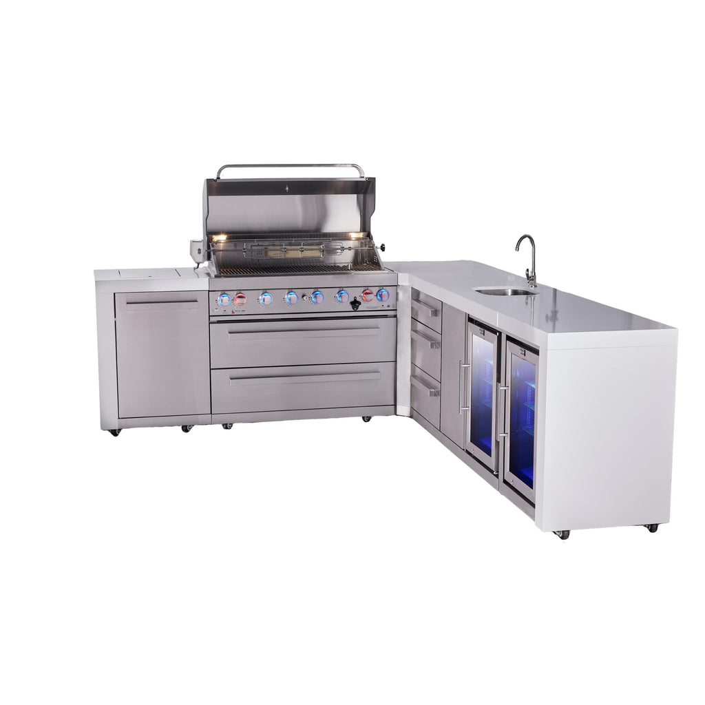 Mont Alpi 805 Deluxe BBQ Grill Island with L-Shape, Beverage Center, Extra Drawer Storage & Fridge - MAi805-D90BEVFCDR