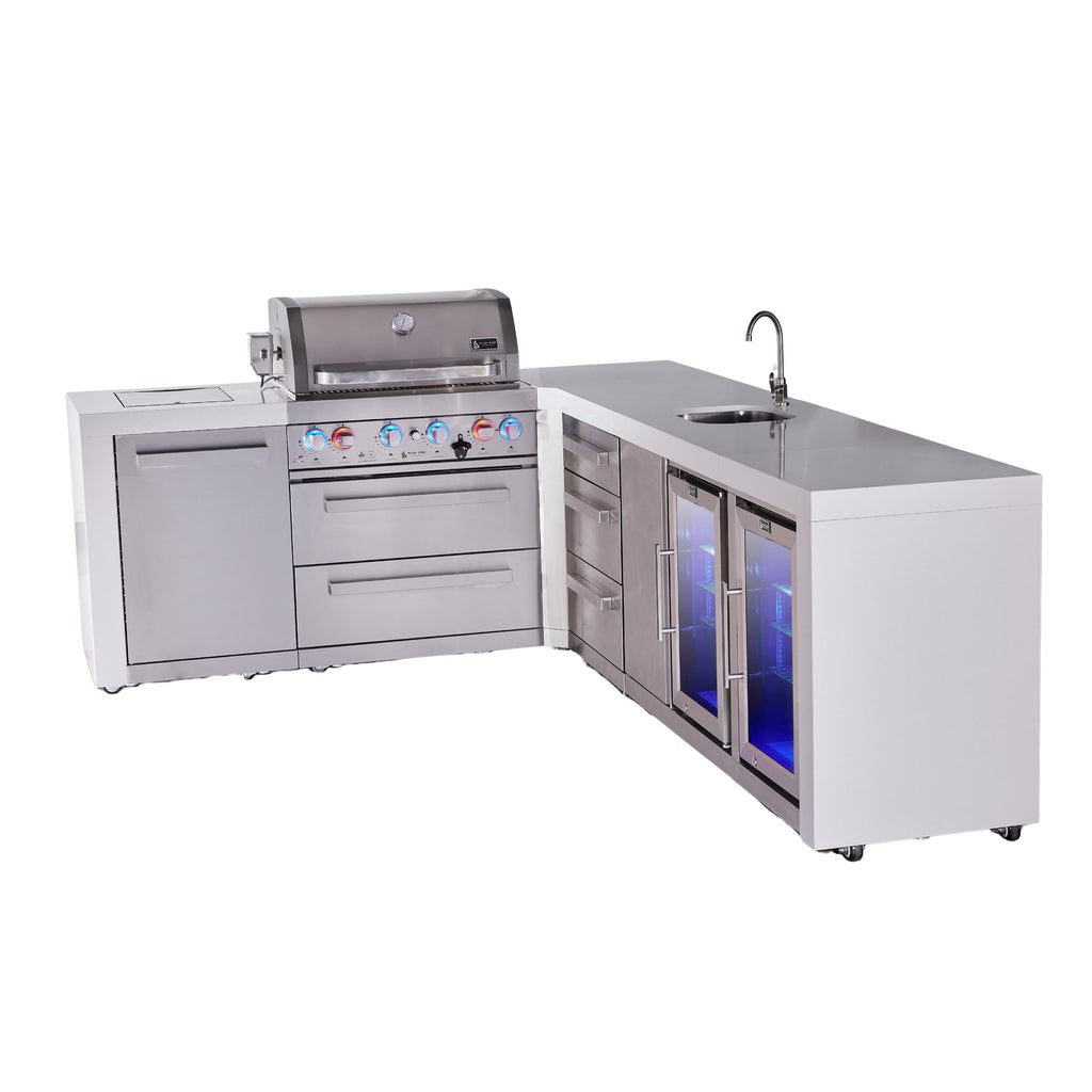 Mont Alpi 400 Deluxe BBQ Grill Island with L-Shape, Beverage Center, Extra Drawer Storage & Fridge - MAi400-D90BEVFCDR