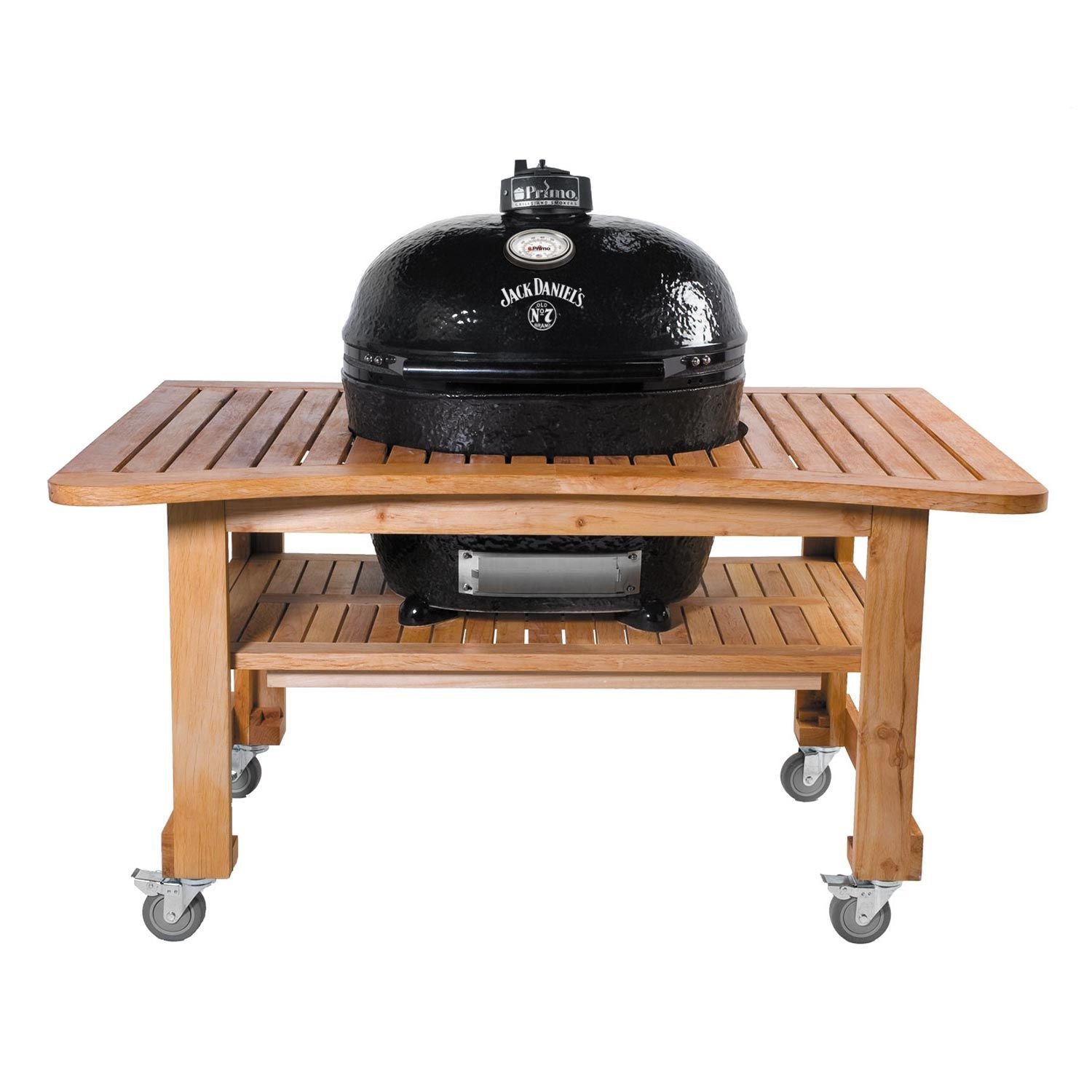 Primo Oval XL 400 Ceramic Kamado Grill on Table - Jack Daniels