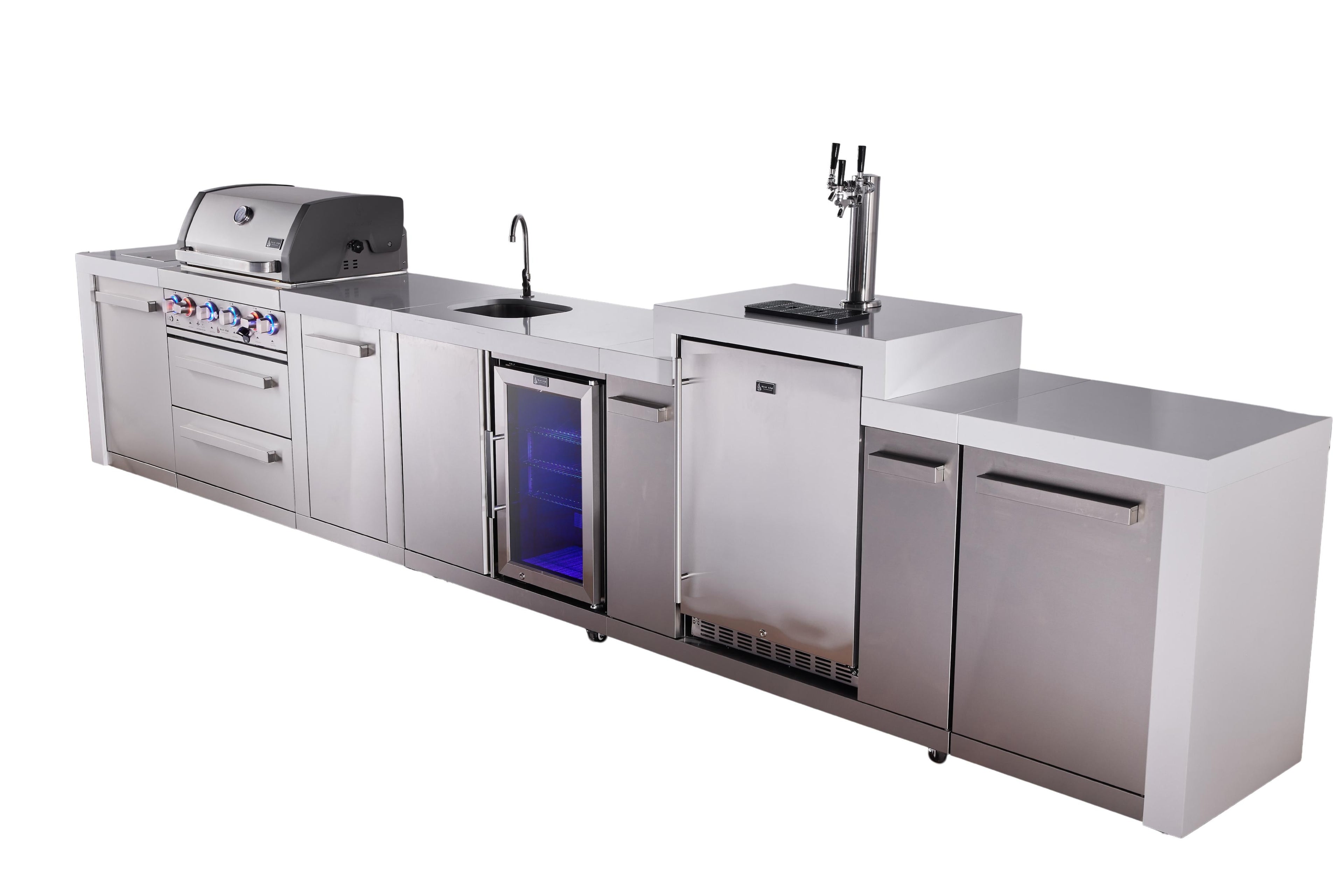 Mont Alpi 400 Deluxe BBQ Grill Island with L-Shape, Beverage Center, Kegerator & Extra Storage - MAi400-DKEGBEVXL