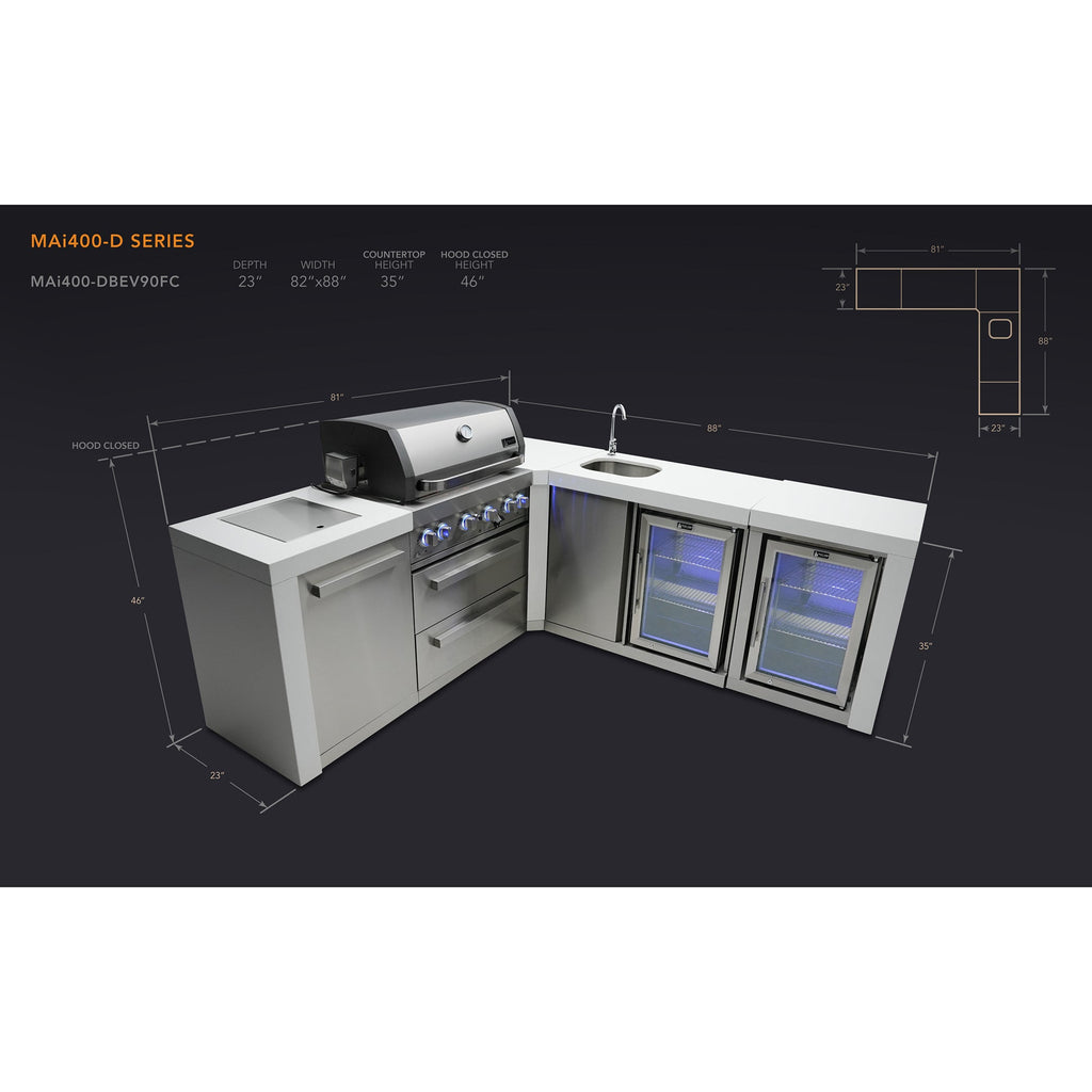 Mont Alpi 400 Deluxe BBQ Grill Island with L-Shape, Beverage Center & Fridge - MAi400-D90BEVFC