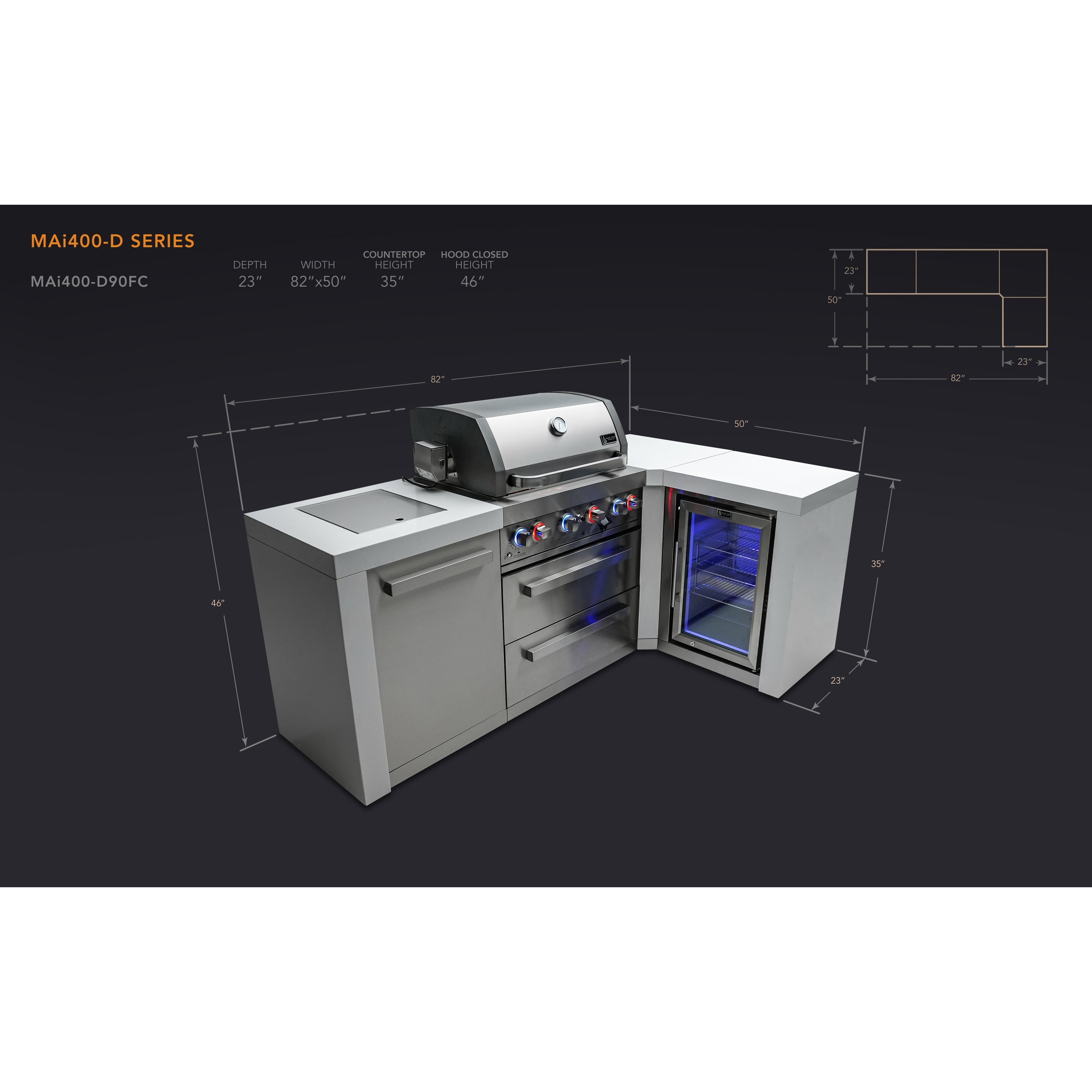 Mont Alpi 400 Deluxe BBQ Grill Island with L-Shape & Fridge Cabinet - MAi400-D90FC