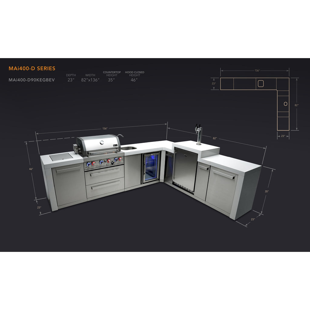 Mont Alpi 400 Deluxe BBQ Grill Island with L-Shape, Kegerator & Beverage Center - MAI400-D90KEGBEV