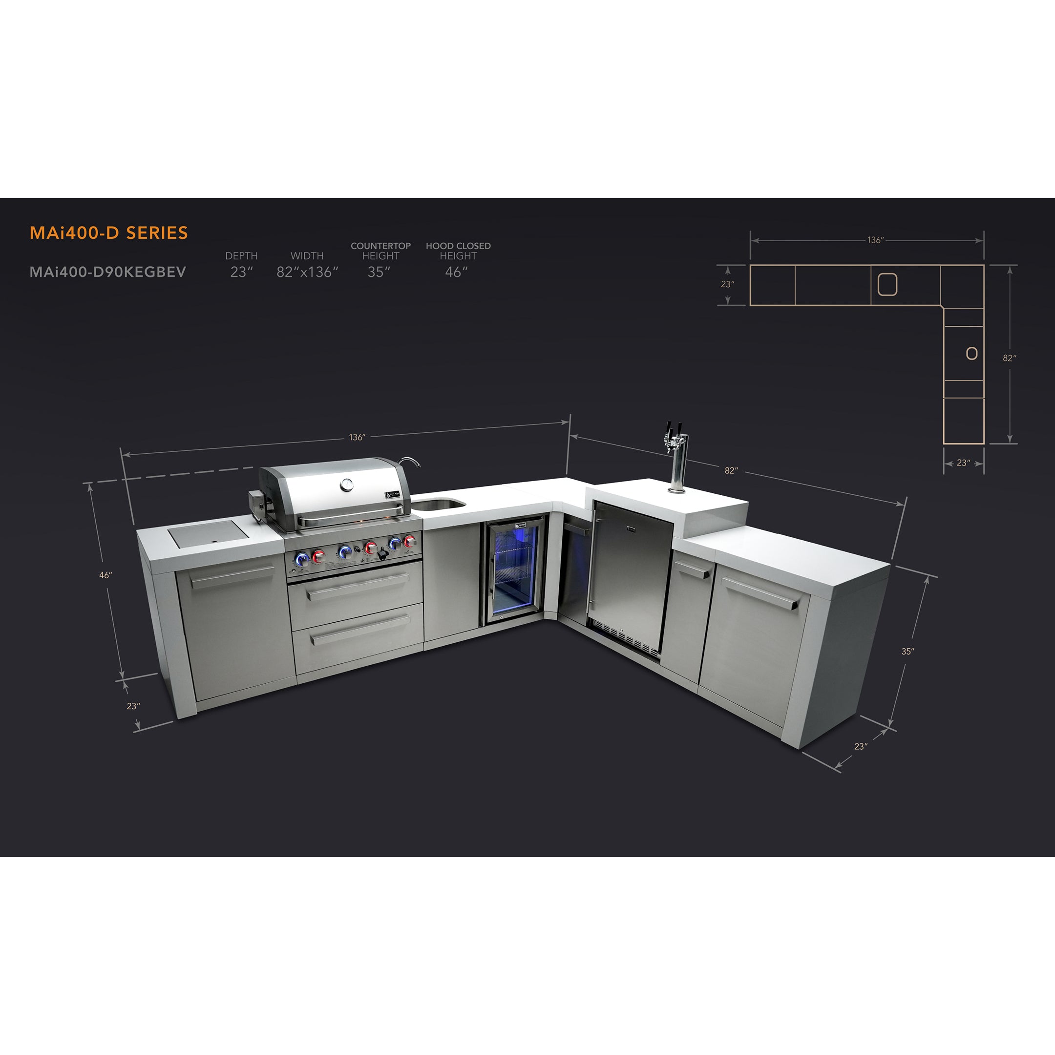 Mont Alpi 400 Deluxe BBQ Grill Island with L-Shape, Kegerator & Beverage Center - MAI400-D90KEGBEV