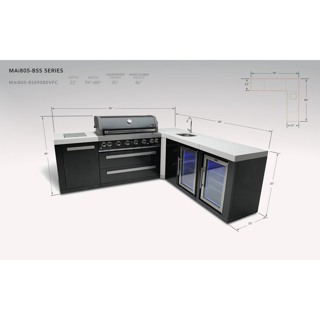 Mont Alpi 805 Black Stainless Steel BBQ Grill Island with L-Shape, Beverage Center & Fridge Cabinet - MAi805-BSS90BEVFC