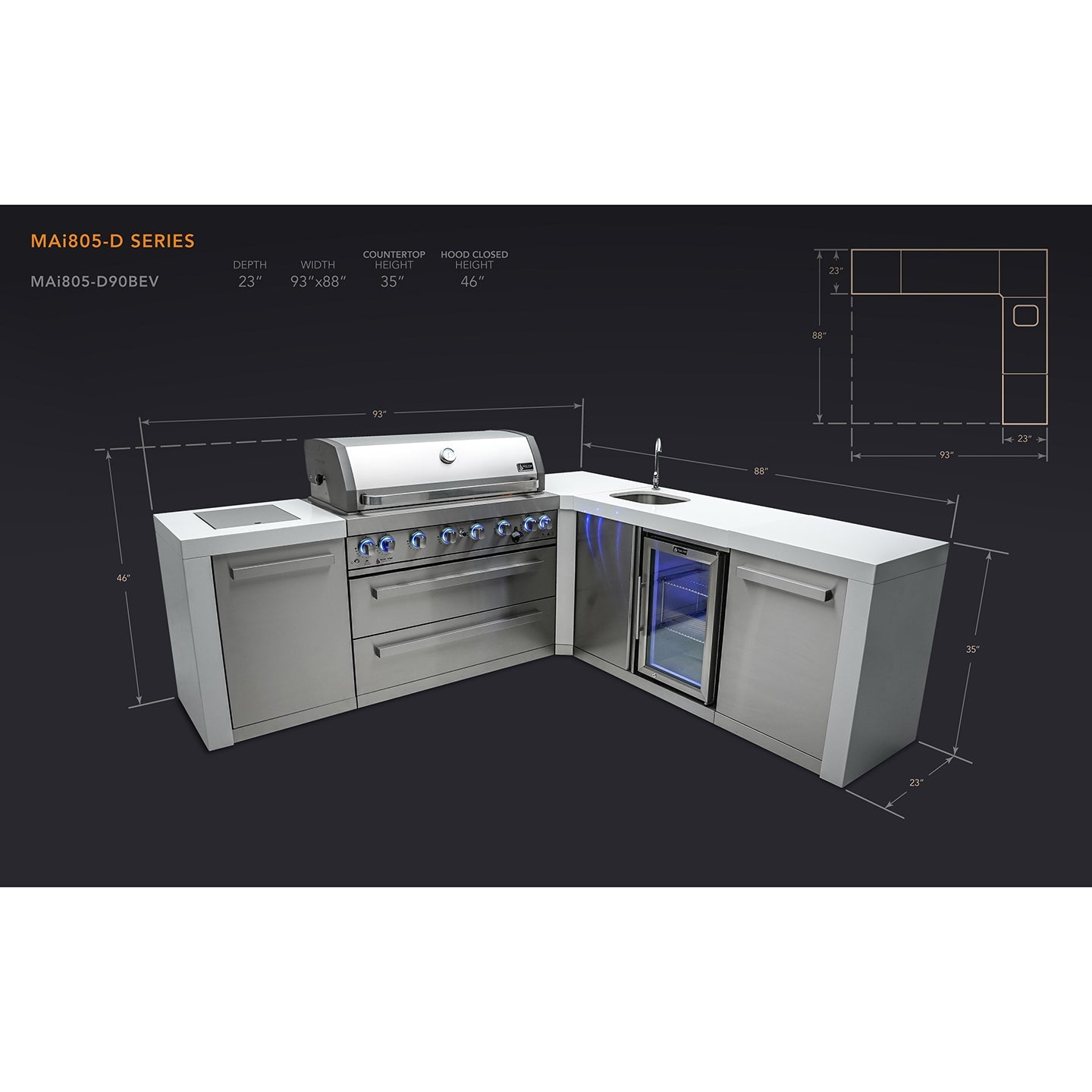 Mont Alpi 805 Deluxe BBQ Grill Island with L-Shape & Beverage Center - MAi805-D90BEV