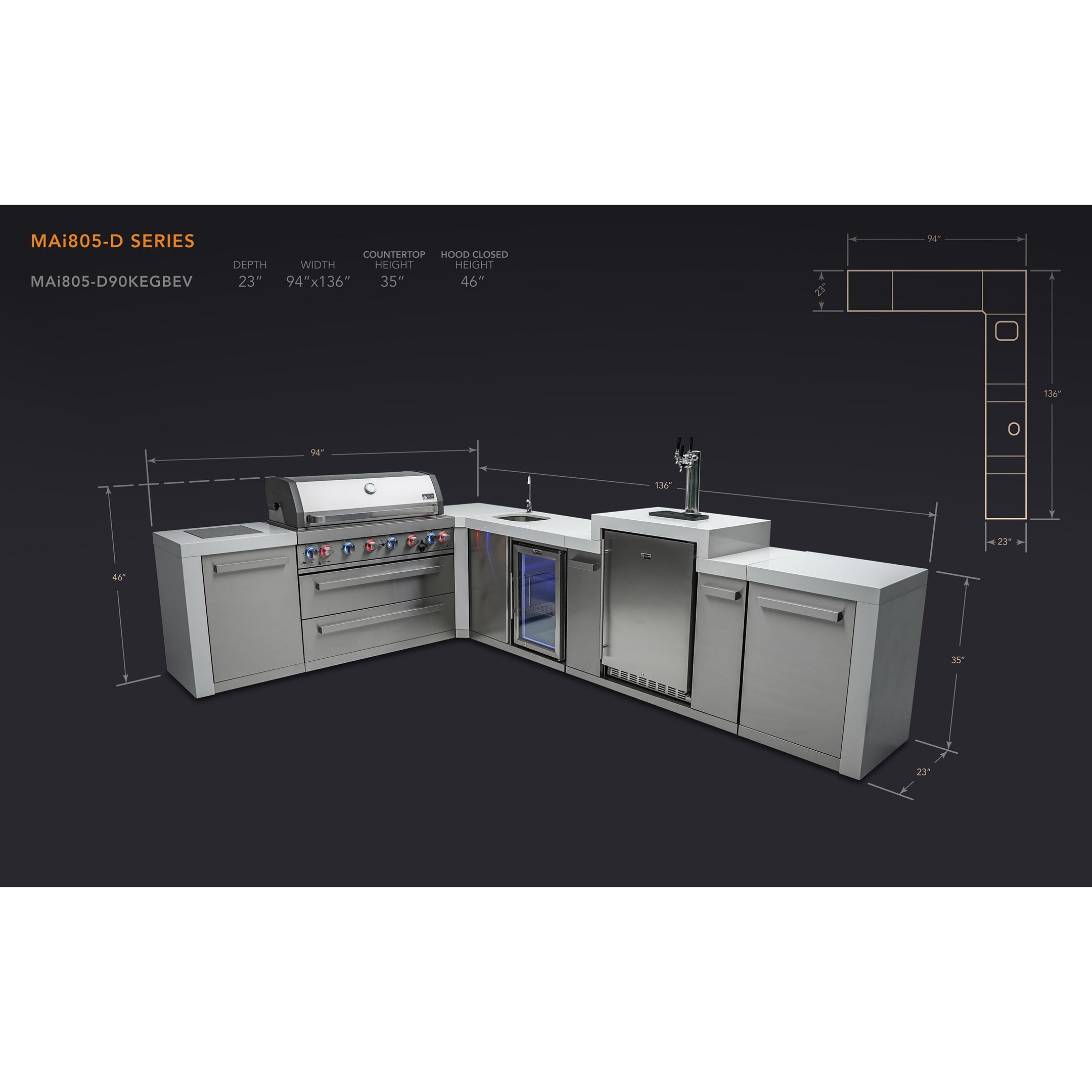 Mont Alpi 805 Deluxe BBQ Grill Island with L-Shape, Kegerator & Beverage Center - MAi805-D90KEGBEV