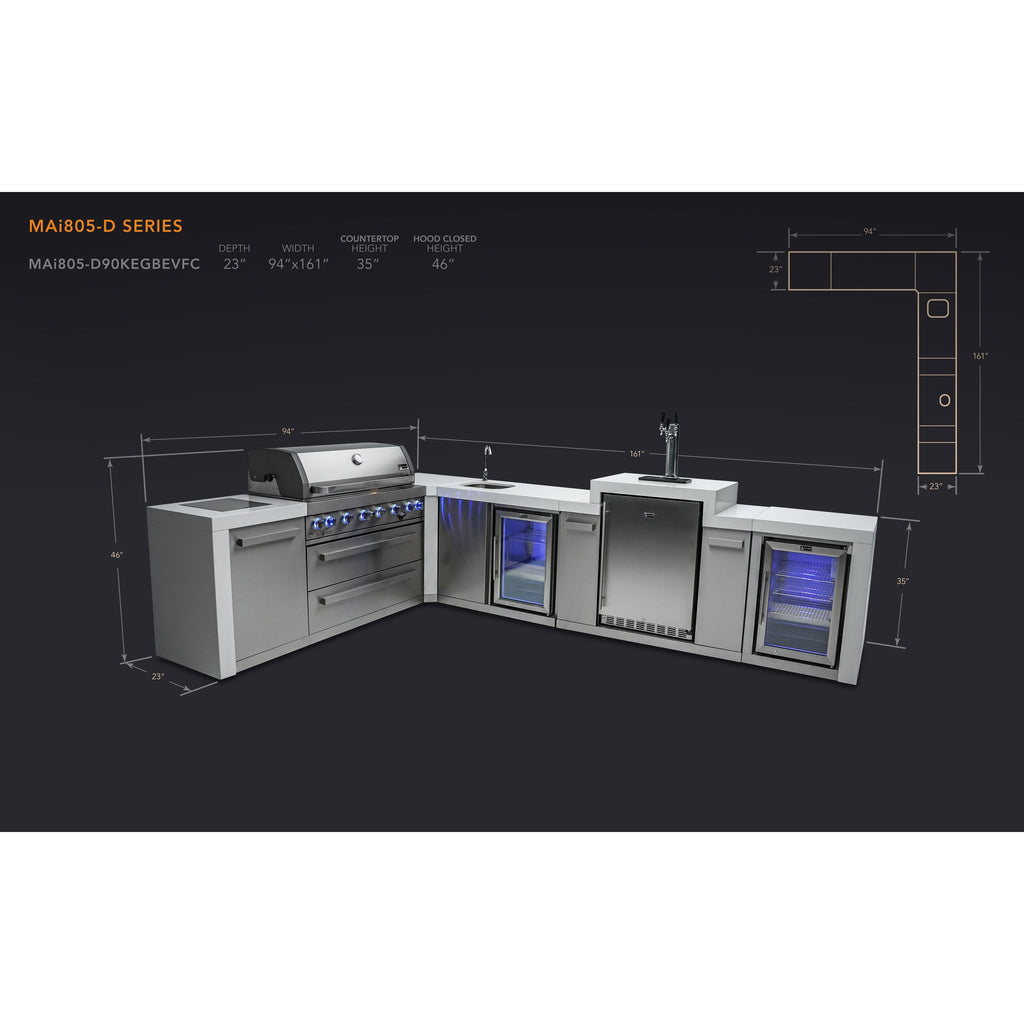 Mont Alpi 805 Deluxe BBQ Grill Island with L-Shape, Kegerator, Beverage Center & Fridge Cabinet - MAi805-D90KEGBEVFC