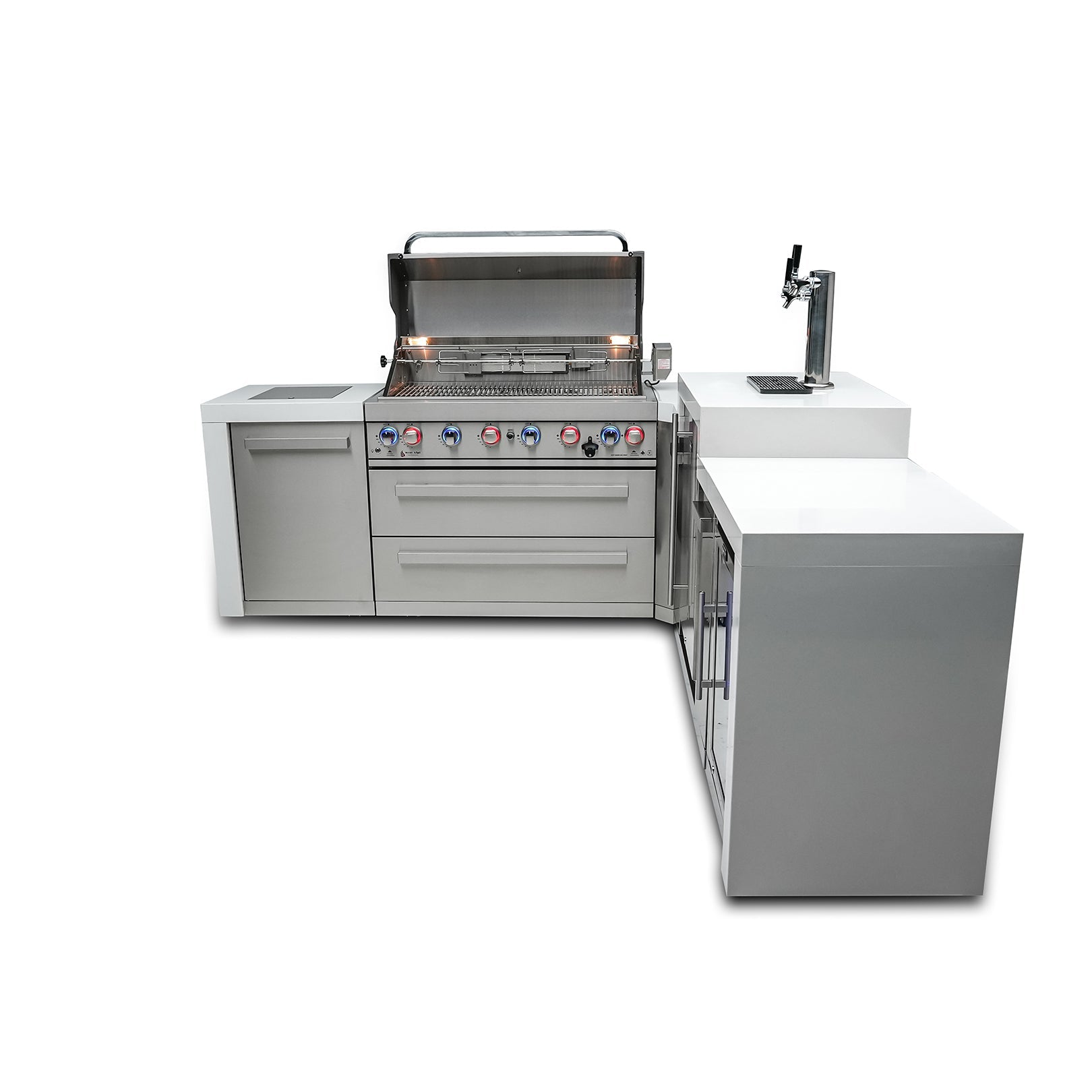 Mont Alpi 805 Deluxe BBQ Grill Island with L-Shape, Kegerator & Fridge Cabinet - MAi805-D90KEGFC