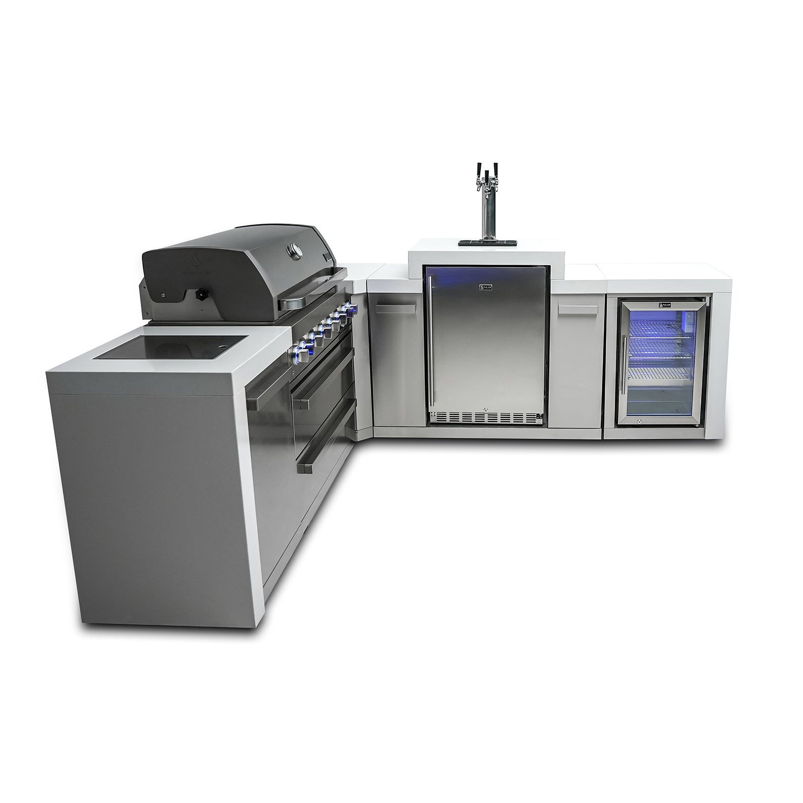 Mont Alpi 805 Deluxe BBQ Grill Island with L-Shape, Kegerator & Fridge Cabinet - MAi805-D90KEGFC