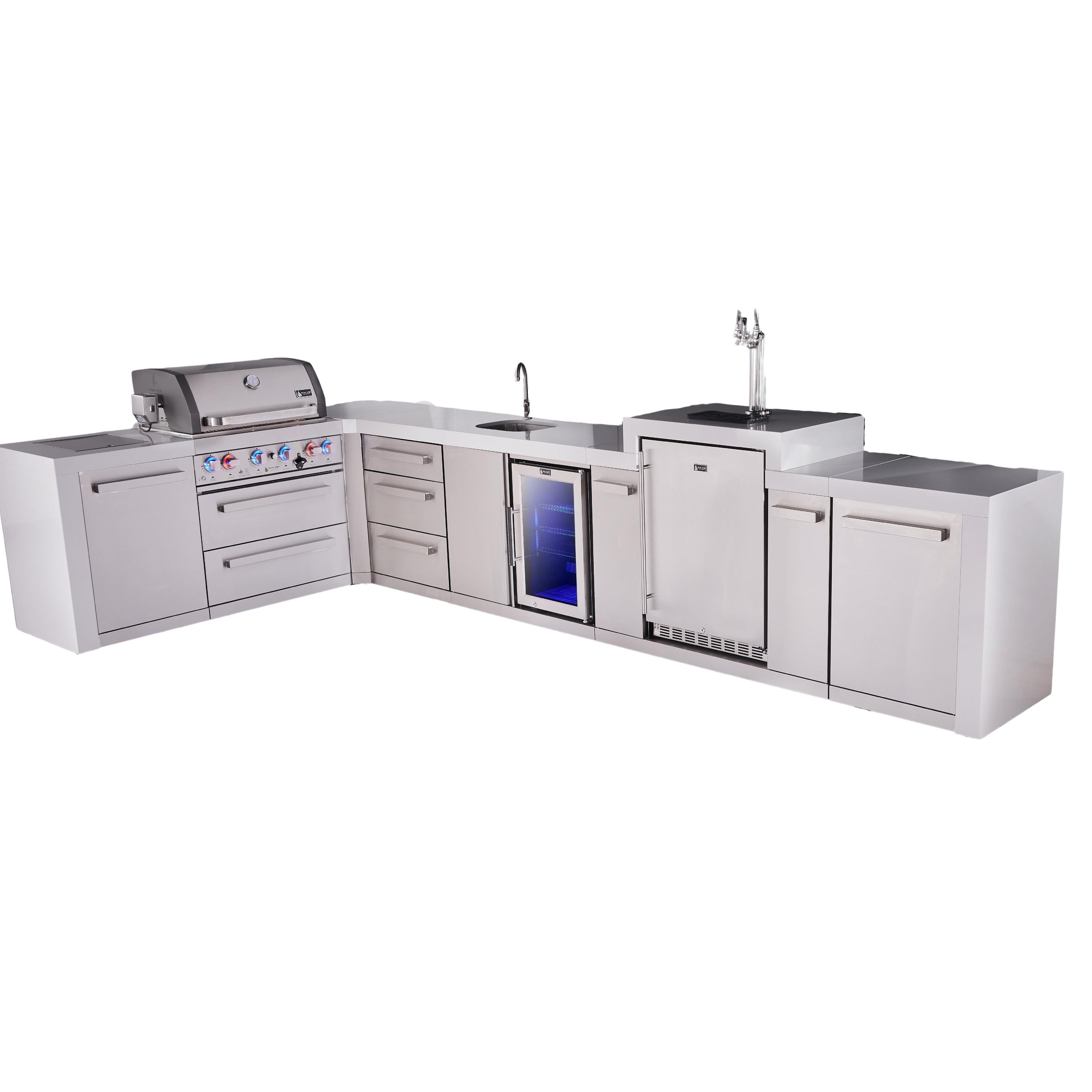 Mont Alpi 400 Deluxe BBQ Grill Island with L-Shape, Beverage Center, Kegerator & Extra Drawer Storage - MAi400-D90KEGBEVDR