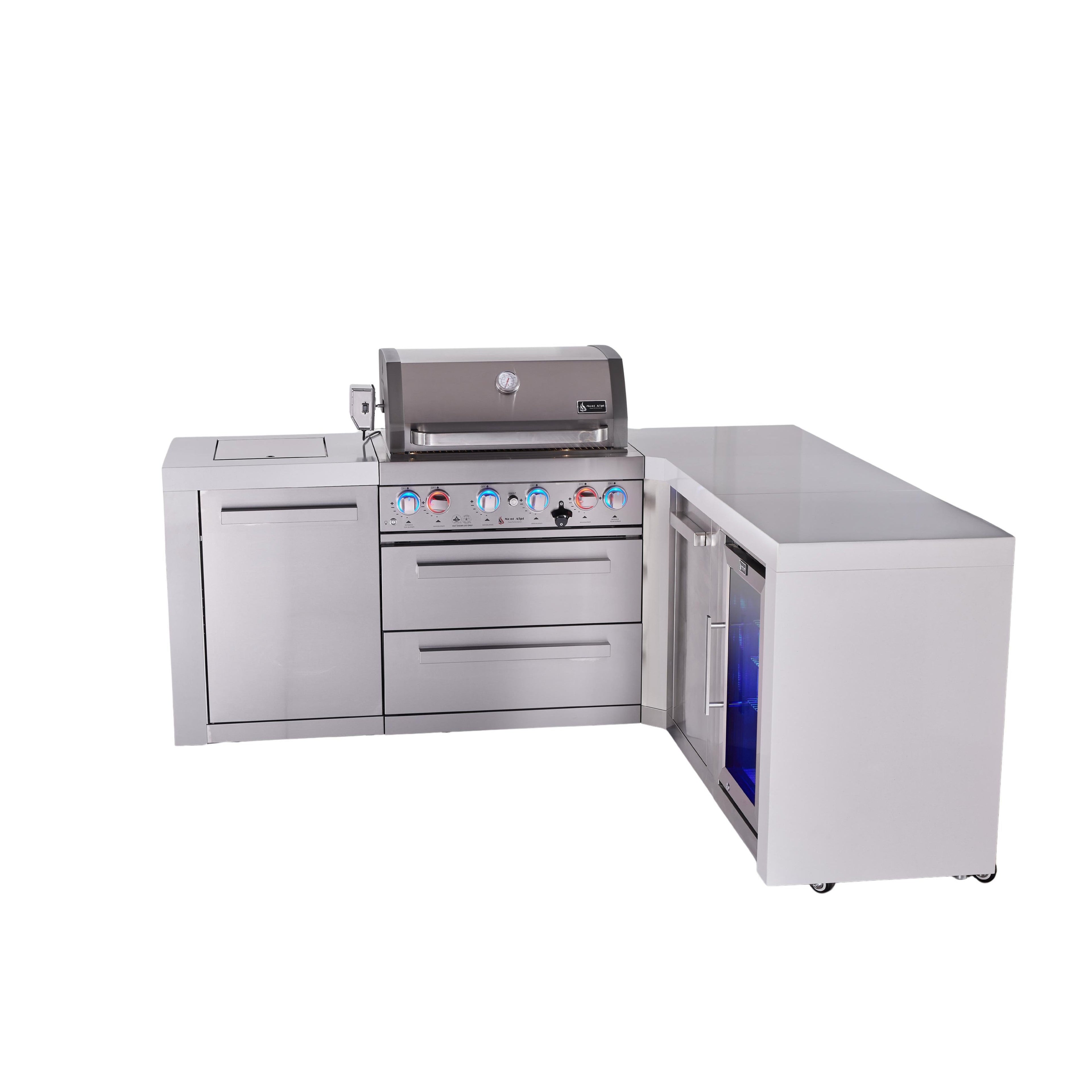 Mont Alpi 400 Deluxe BBQ Grill Island with L-Shape, Extra Storage & Fridge - MAi400-D90FCXL