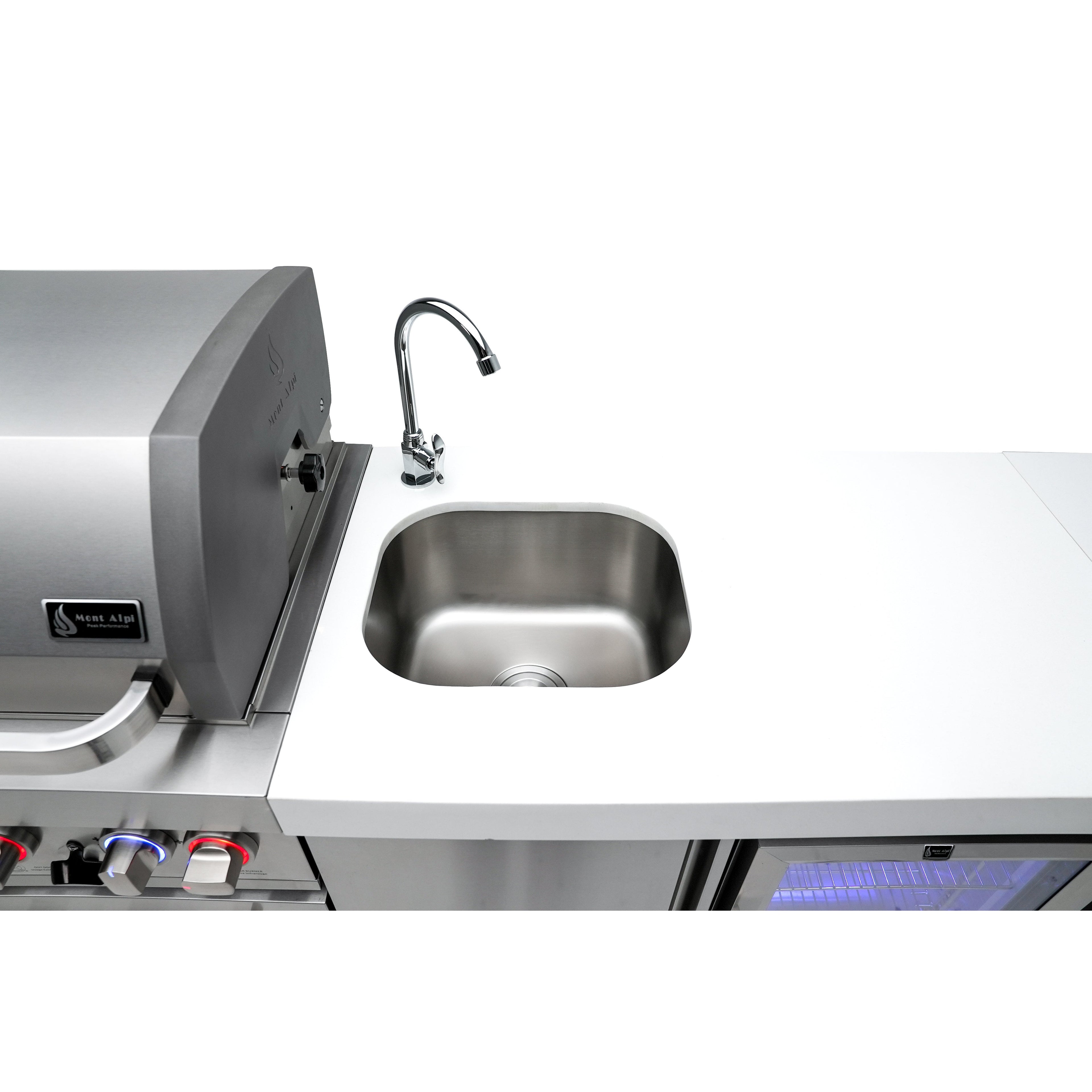 Mont Alpi 400 Deluxe BBQ Grill Island with L-Shape, Beverage Center, Kegerator, Kamado Module & Extra Drawer Storage - MAi400-D90KEGBEVKAMDR