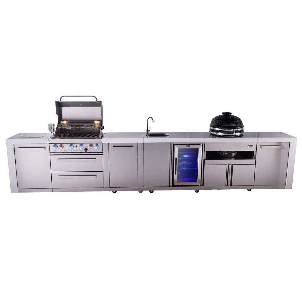Mont Alpi 400 Deluxe BBQ Grill Island with Beverage Center, Kamado Module & Extra Storage - MAi400-DBEVKAMXL