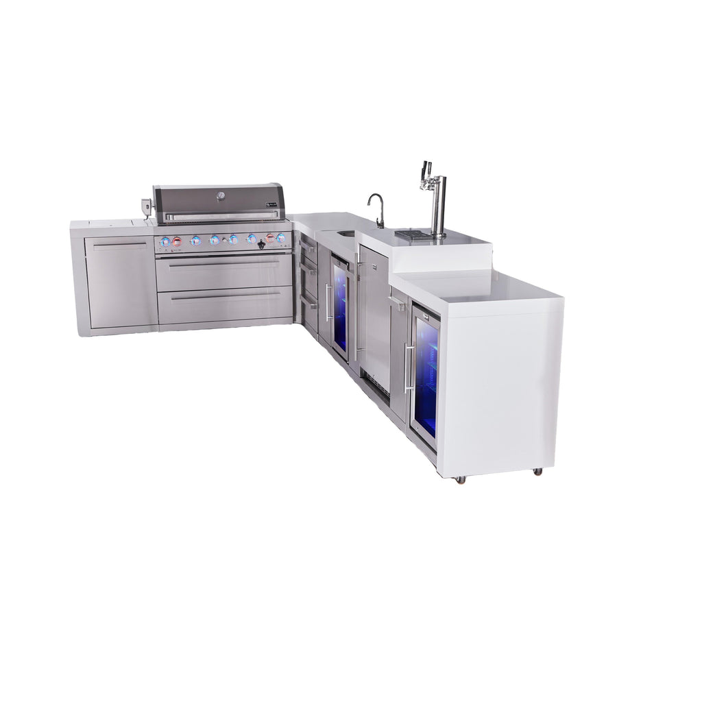 Mont Alpi 805 Deluxe BBQ Grill Island with L-Shape, Beverage Center, Kegerator, Extra Drawer Storage & Fridge - MAi805-D90KEGBEVFCDR