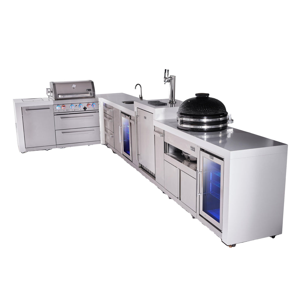 Mont Alpi 400 Deluxe BBQ Grill Island with L-Shape, Beverage Center, Kegerator, Kamado Module, Extra Drawer Storage & Fridge - MAi400-D90KEGBEVFCKAMDR