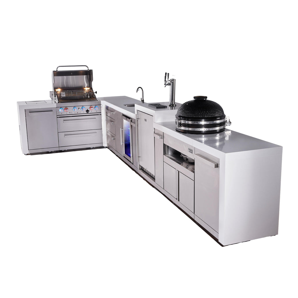 Mont Alpi 400 Deluxe BBQ Grill Island with L-Shape, Beverage Center, Kegerator, Kamado Module & Extra Drawer Storage - MAi400-D90KEGBEVKAMDR
