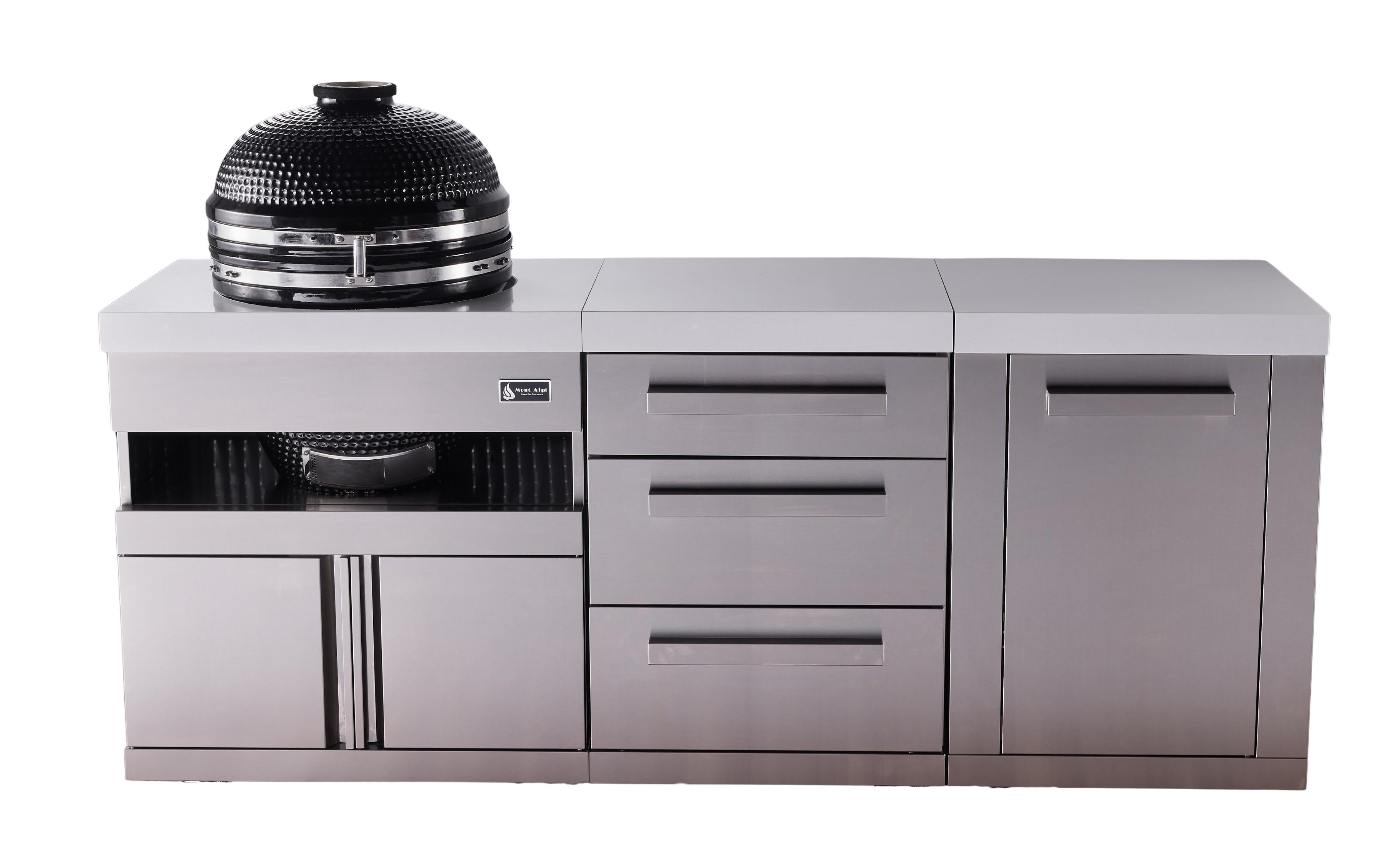 Mont Alpi Stainless Steel 18" Universal Kamado Grill Module with Extra Drawer Slides & Extra Storage Cabinet Modules - MA-KAMDRXL