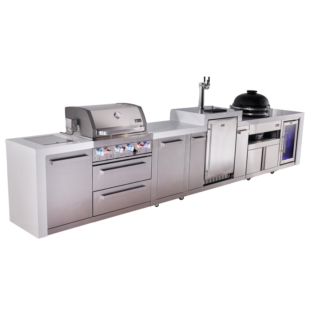 Mont Alpi 400 Deluxe BBQ Grill Island with Kegerator, Kamado Module, Extra Storage & Fridge - MAi400-DKEGKAMFCXL