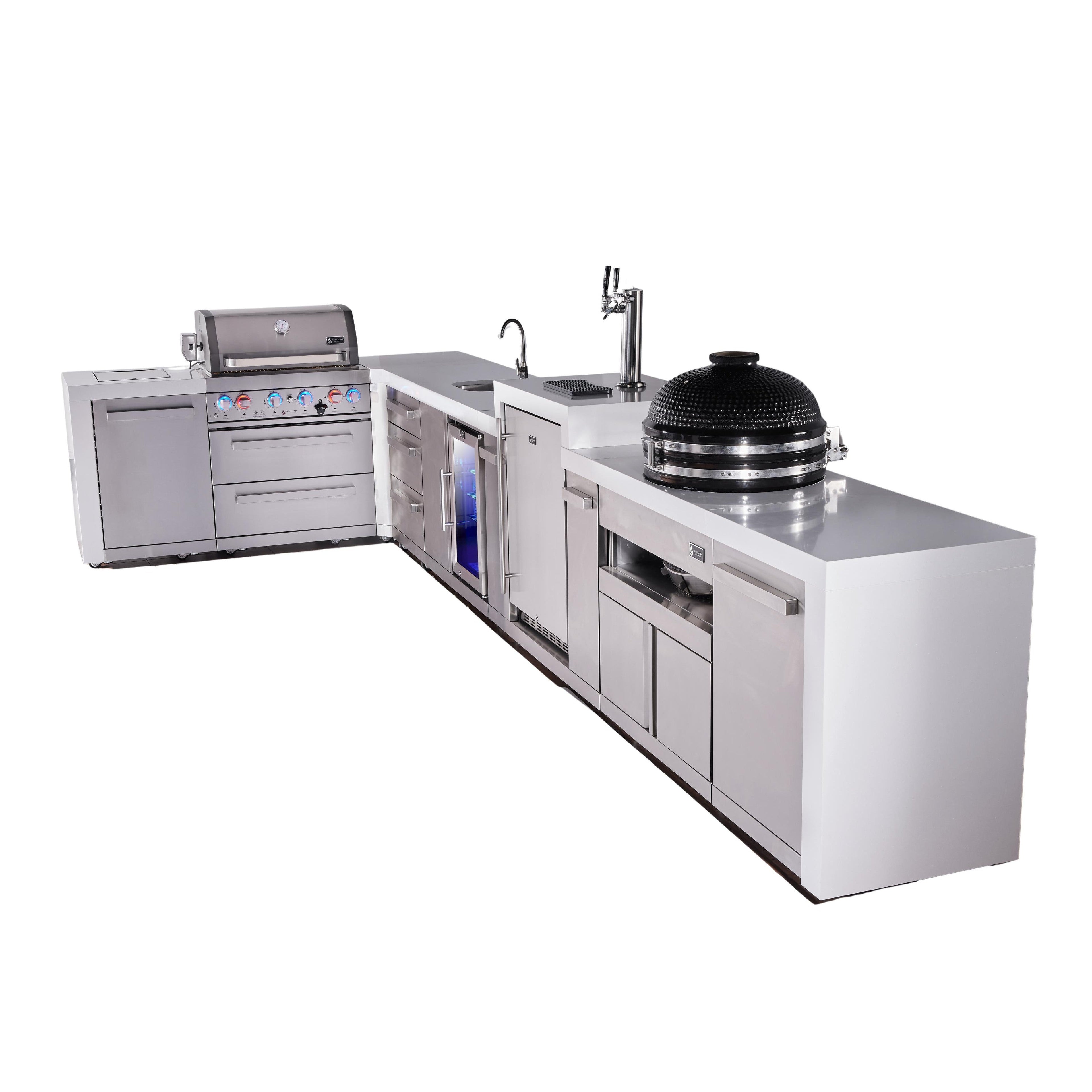 Mont Alpi 400 Deluxe BBQ Grill Island with L-Shape, Beverage Center, Kegerator, Kamado Module & Extra Drawer Storage - MAi400-D90KEGBEVKAMDR