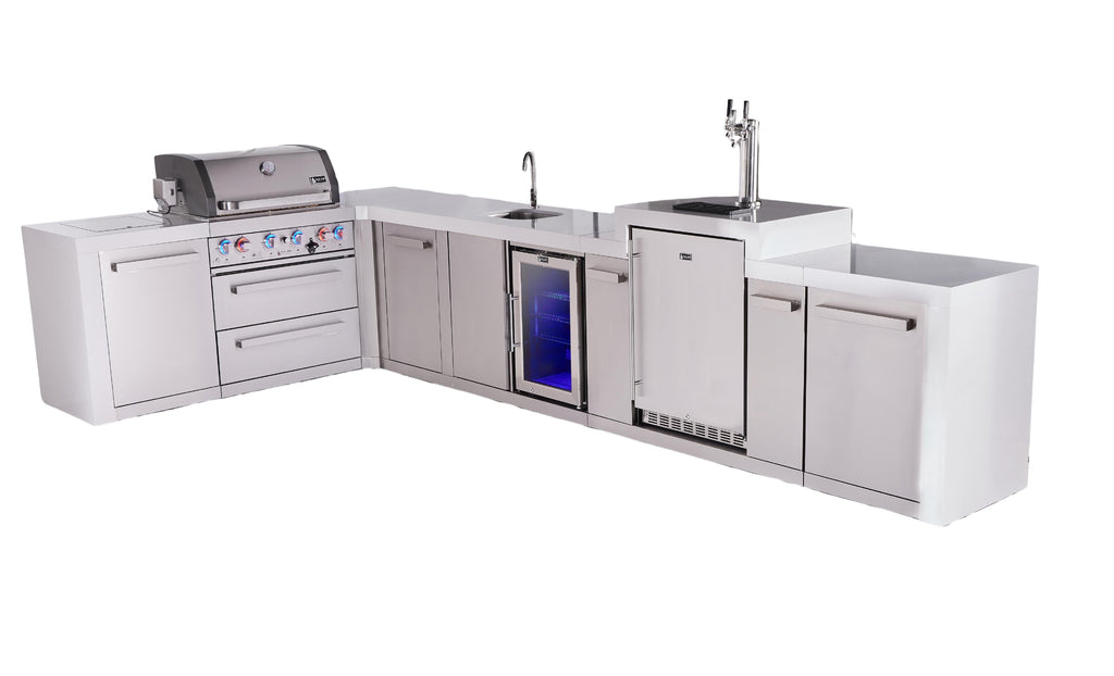 Mont Alpi 400 Deluxe BBQ Grill Island with L-Shape, Beverage Center, Kegerator & Extra Storage - MAi400-D90KEGBEVXL