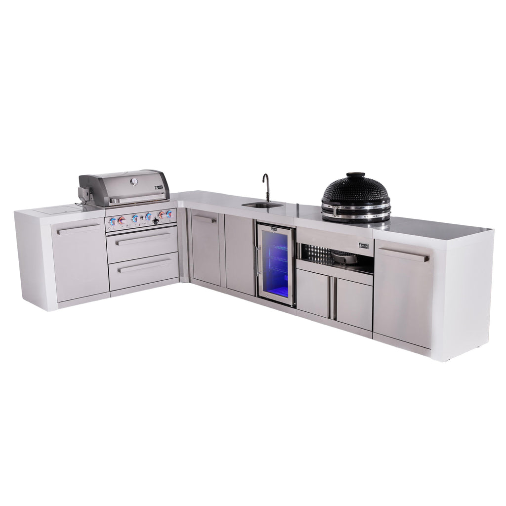 Mont Alpi 400 Deluxe BBQ Grill Island with L-Shape, Beverage Center, Kamado Module & Extra Storage - MAi400-D90BEVKAMXL