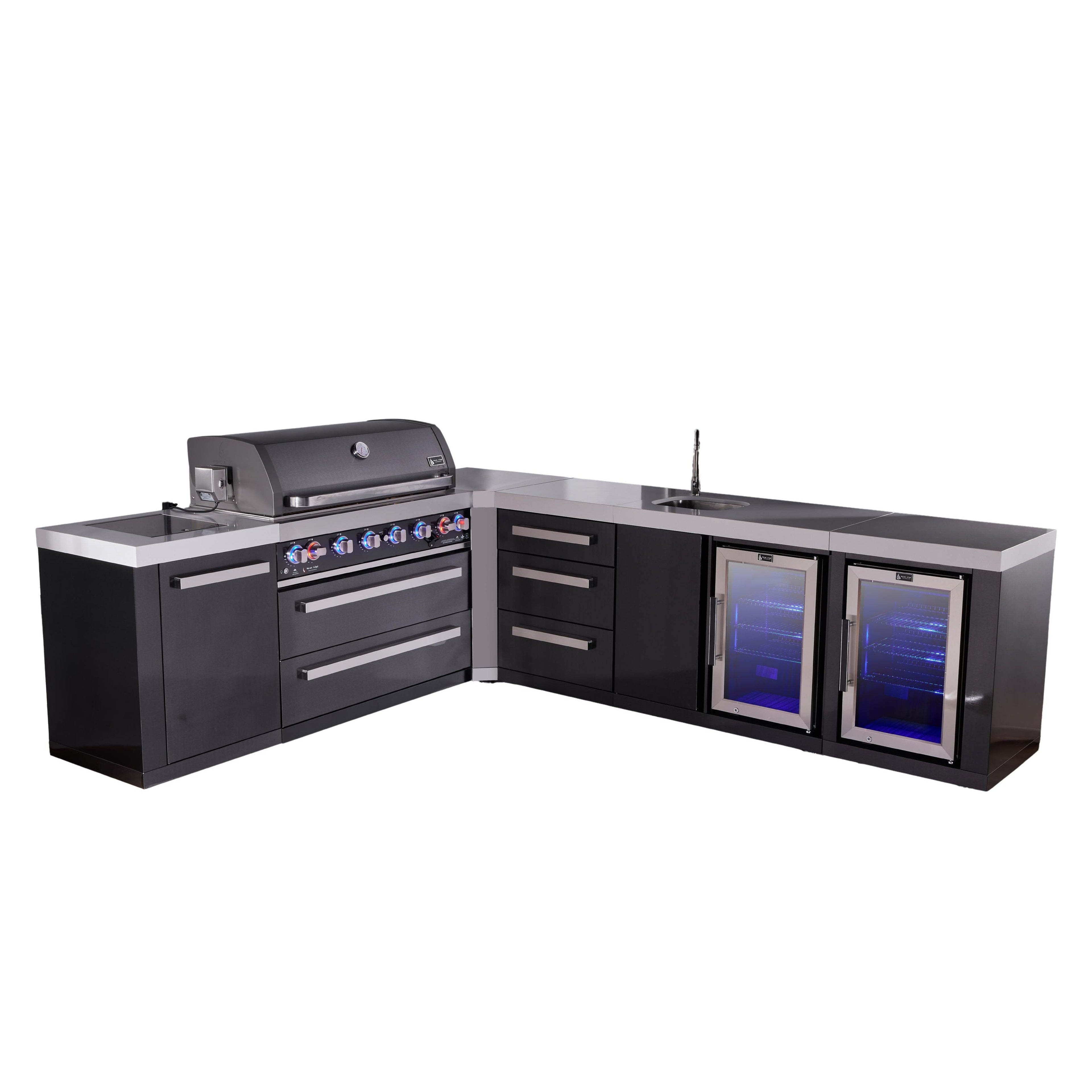 Mont Alpi 805 Black Stainless Steel BBQ Grill Island with L-Shape, Beverage Center, Extra Drawer Storage & Fridge - MAi805-BSS90BEVFCDR (PREORDER - Est. Ship Date Dec 15)