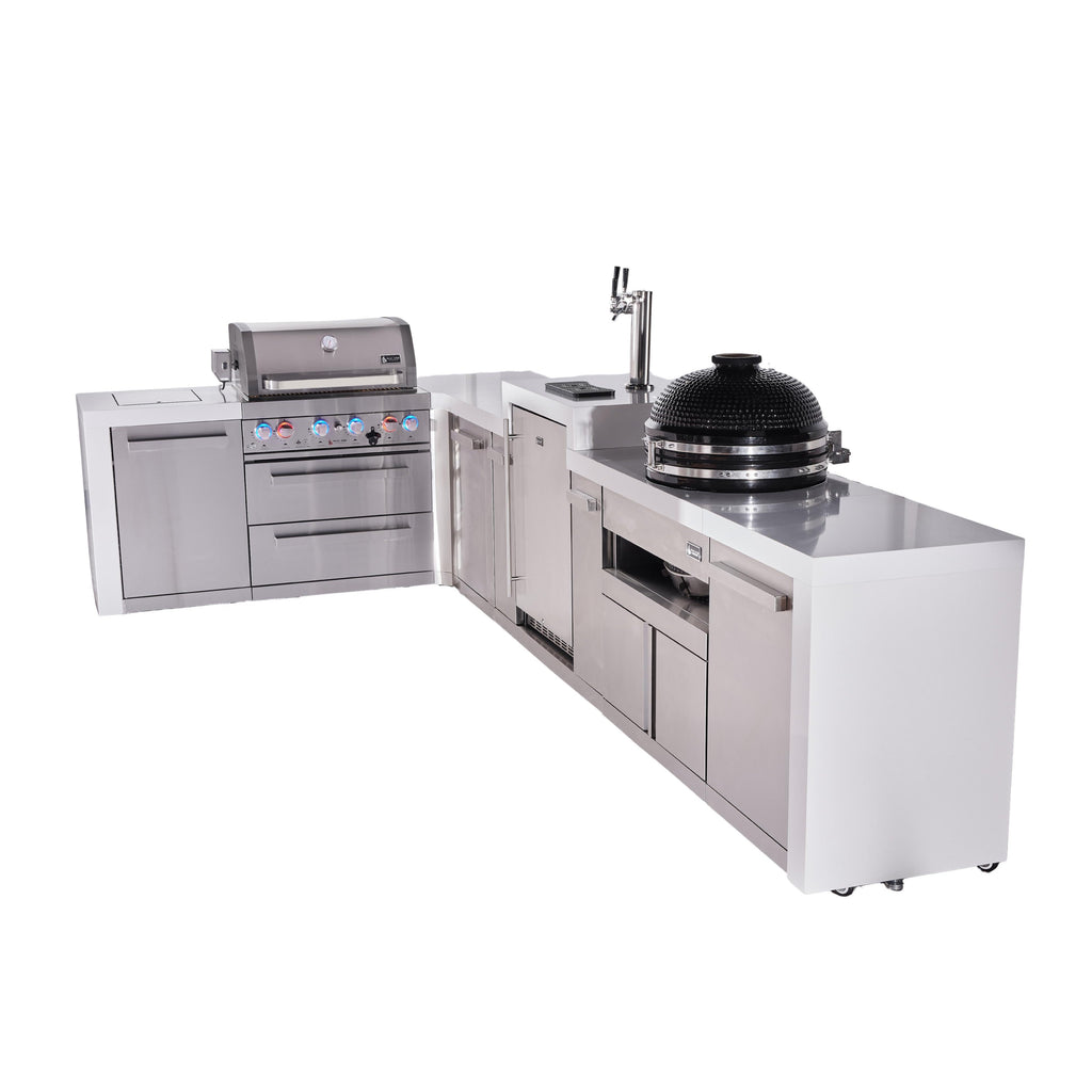 Mont Alpi 400 Deluxe BBQ Grill Island with L-Shape, Kegerator, Kamado Module & Extra Storage - MAi400-D90KEGKAMXL