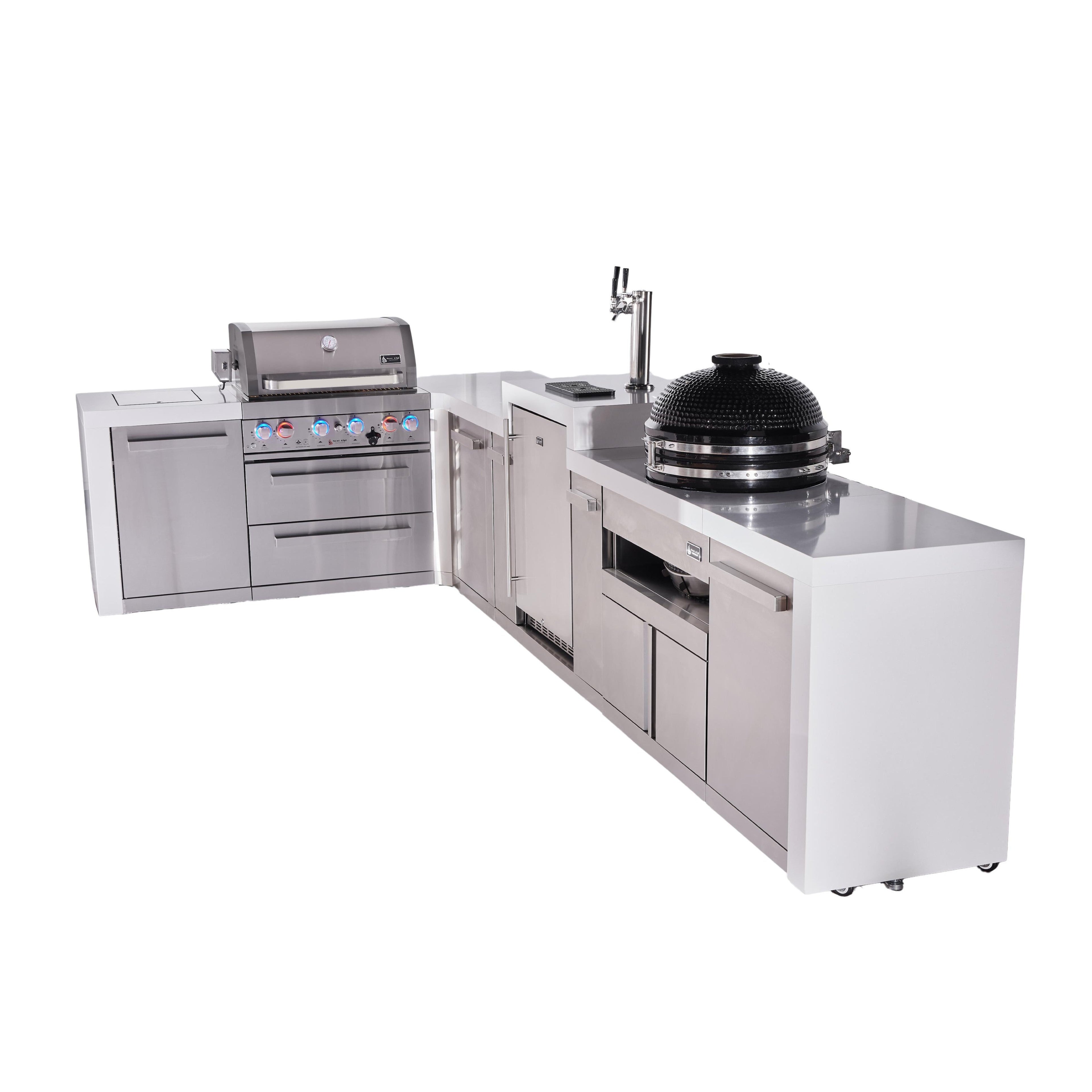 Mont Alpi 400 Deluxe BBQ Grill Island with L-Shape, Kegerator, Kamado Module & Extra Storage - MAi400-D90KEGKAMXL
