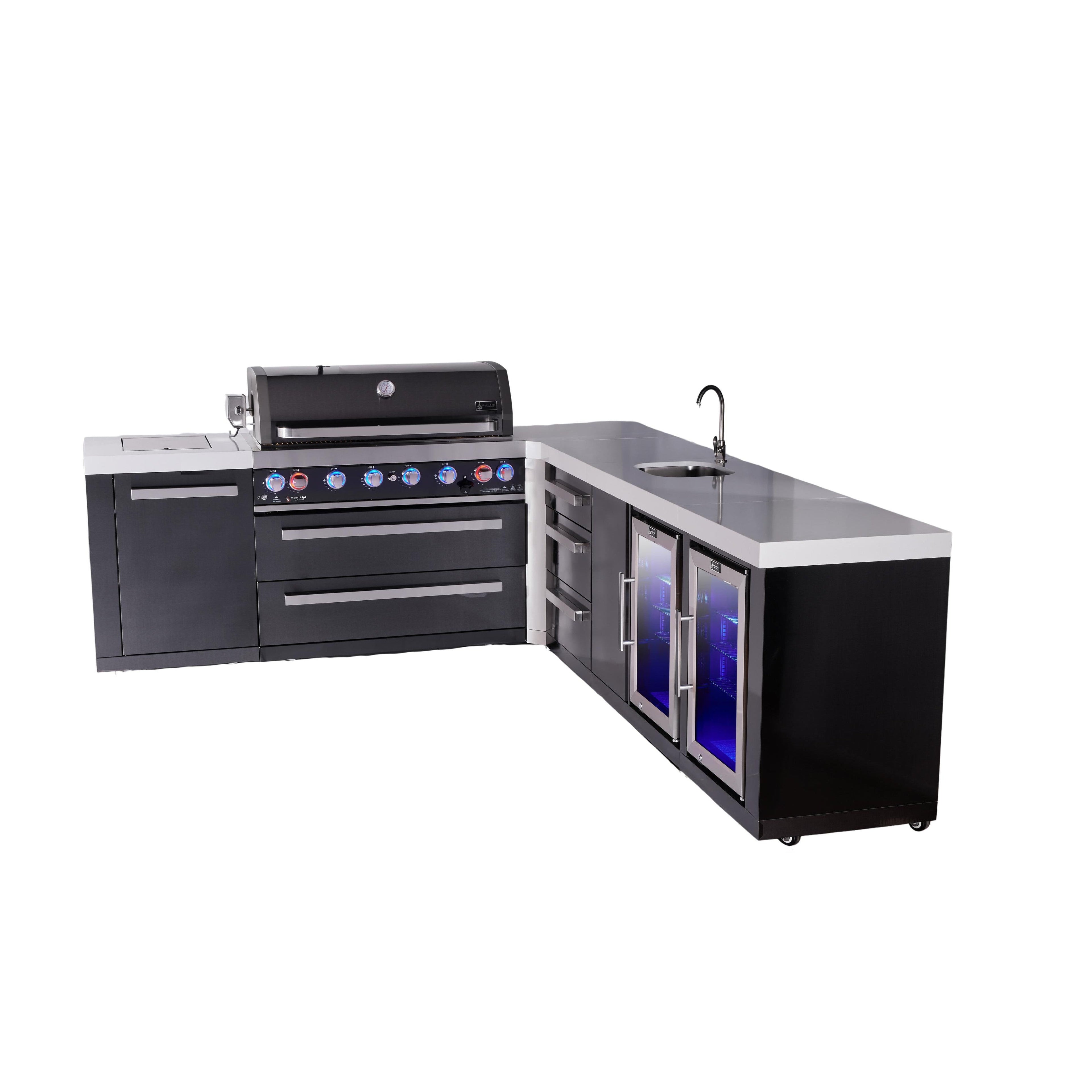 Mont Alpi 805 Black Stainless Steel BBQ Grill Island with L-Shape, Beverage Center, Extra Drawer Storage & Fridge - MAi805-BSS90BEVFCDR (PREORDER - Est. Ship Date Dec 15)